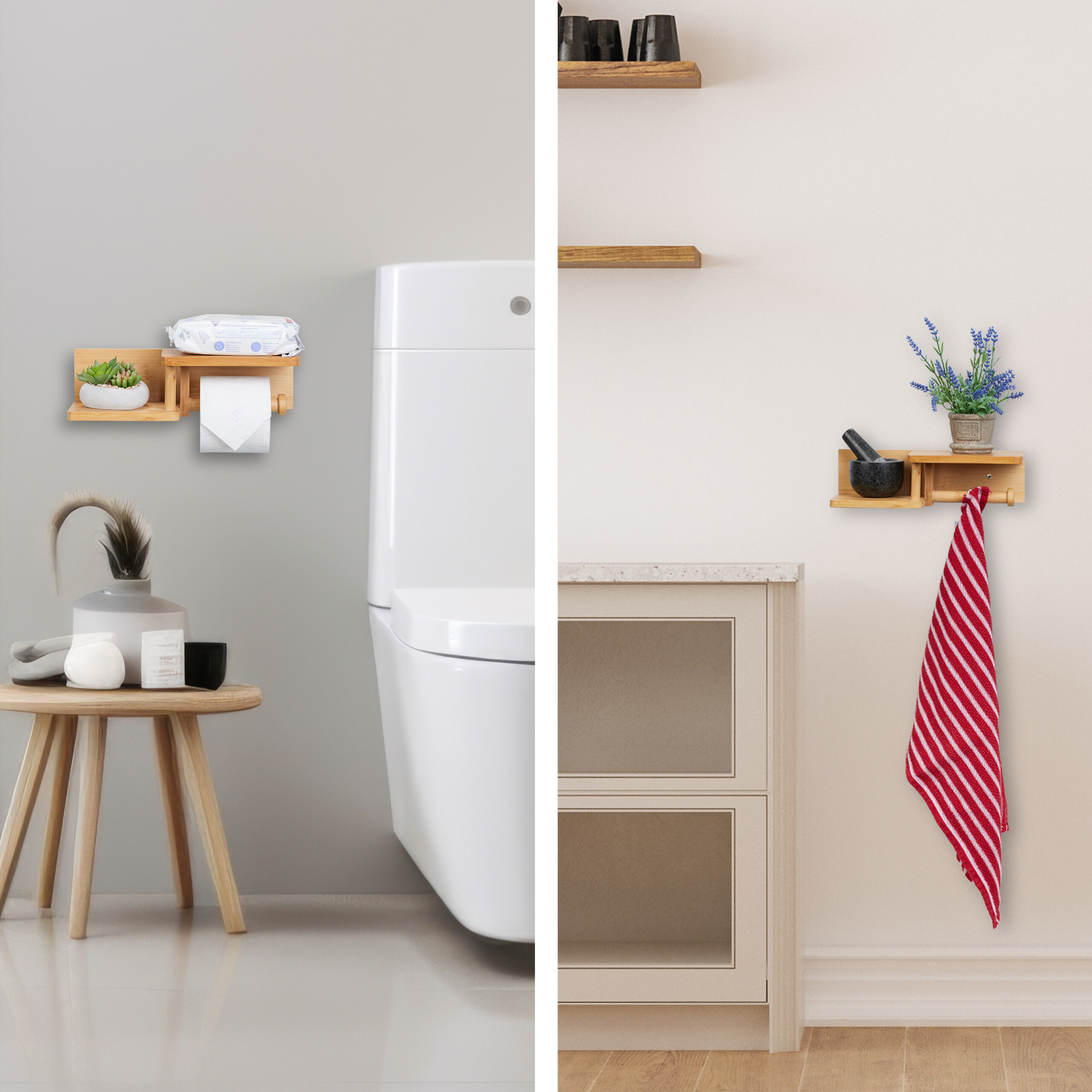 Holzregale an Wand, links mit Toilettenpapier und Pflanze, rechts mit Handtuch.