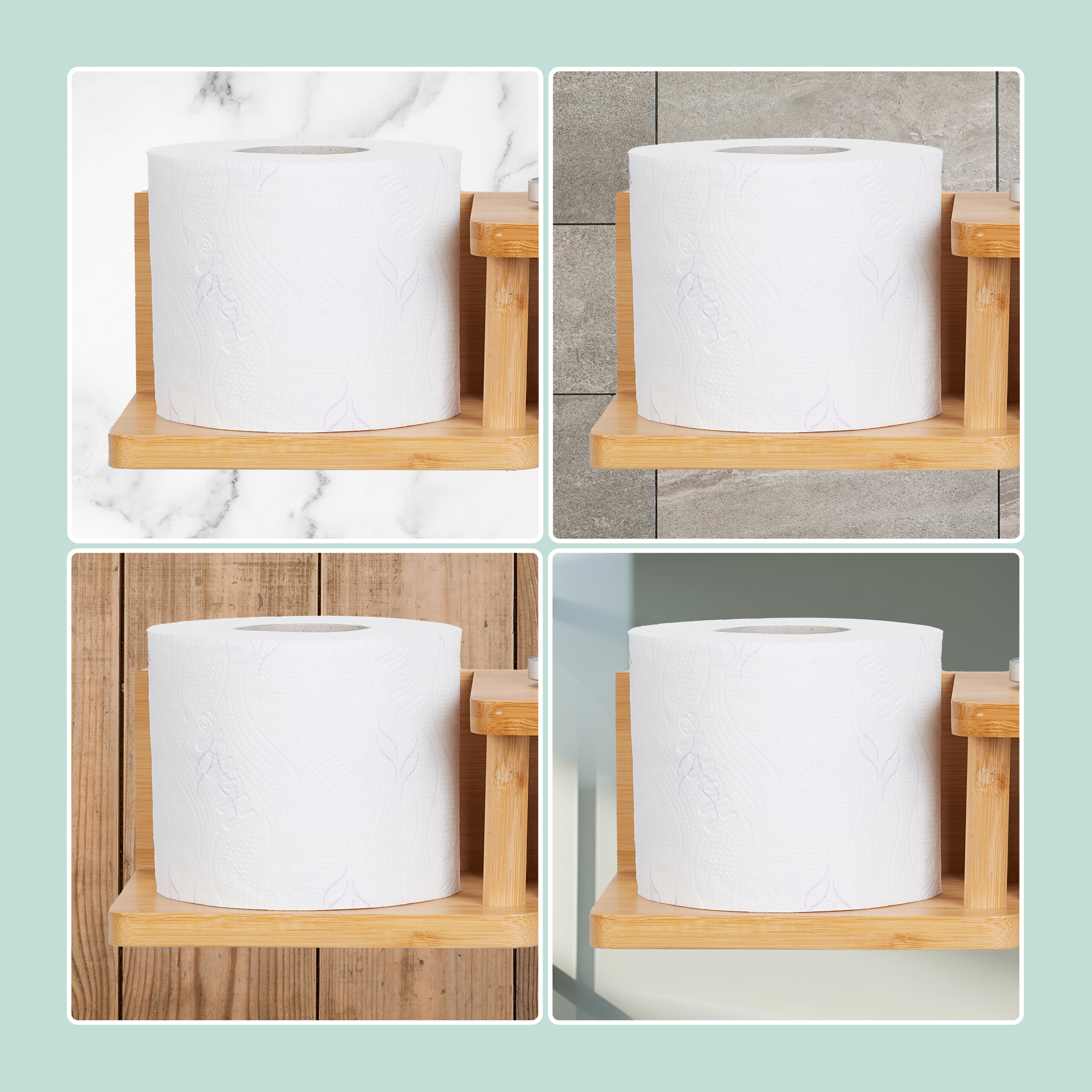 Vier Bilder zeigen eine Toilettenpapierrolle auf einem Holzregal vor verschiedenen Hintergründen wie Marmor und Holz.