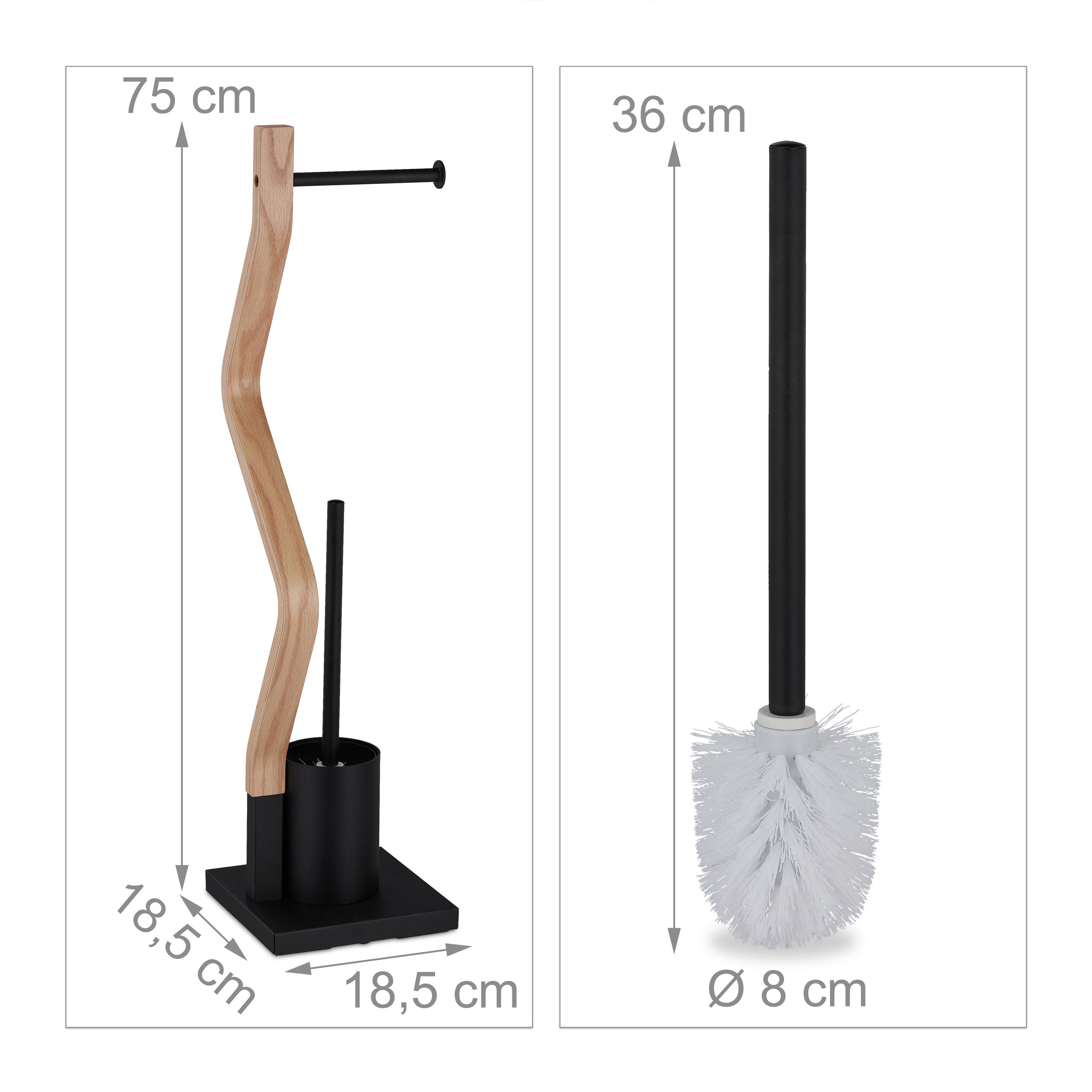 Toilettenpapierhalter mit Holzständer und WC-Bürste, Maße in Zentimetern angegeben.