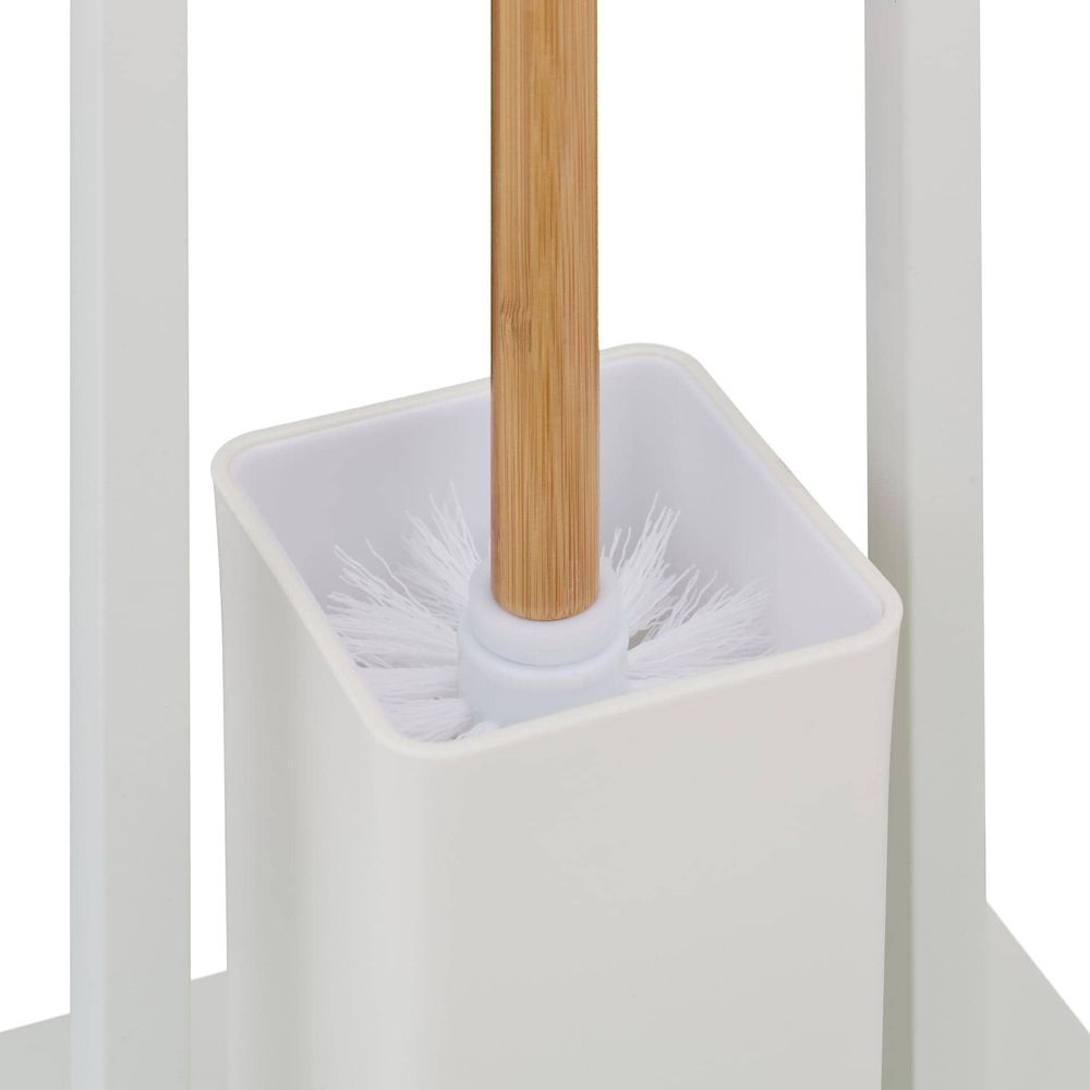 Eine Toilettenbürste mit Holzstiel in einem weißen Halter.