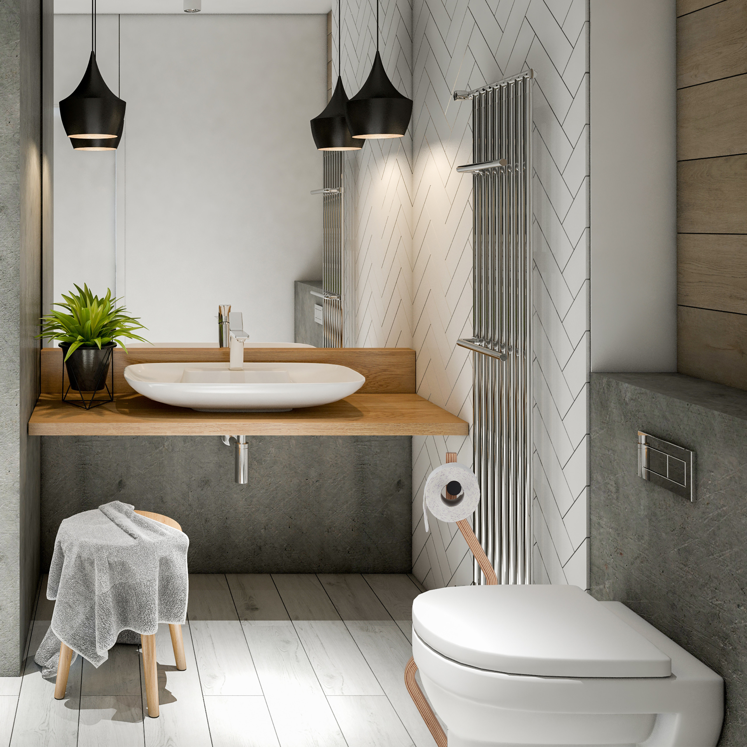 Modernes Badezimmer mit weißem Waschbecken, Holztisch, WC, Hängetuch, Topfpflanze und schwarzen Lampen.