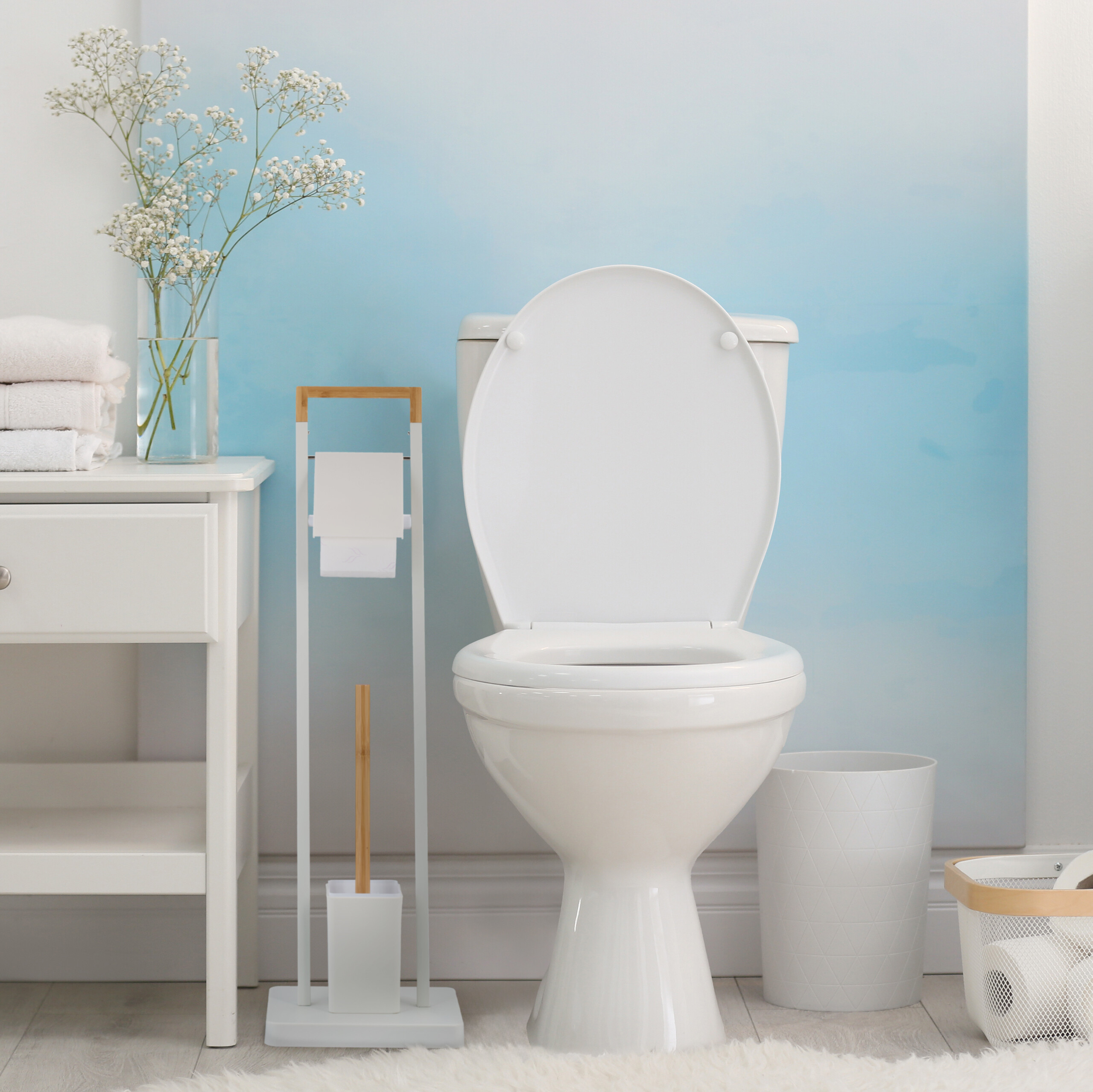 Eine weiße Toilette steht vor einer blau-weißen Wand, neben einem Schrank, Toilettenpapierhalter und Mülleimer.