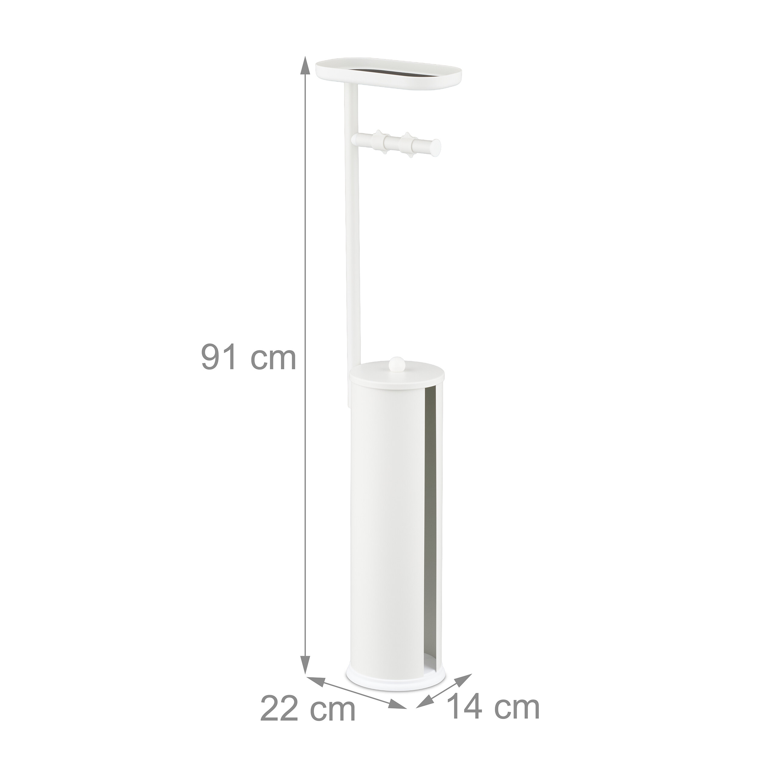 Weißer Toilettenpapierhalter mit Maßen von 91 cm Höhe, 22 cm Tiefe und 14 cm Breite.