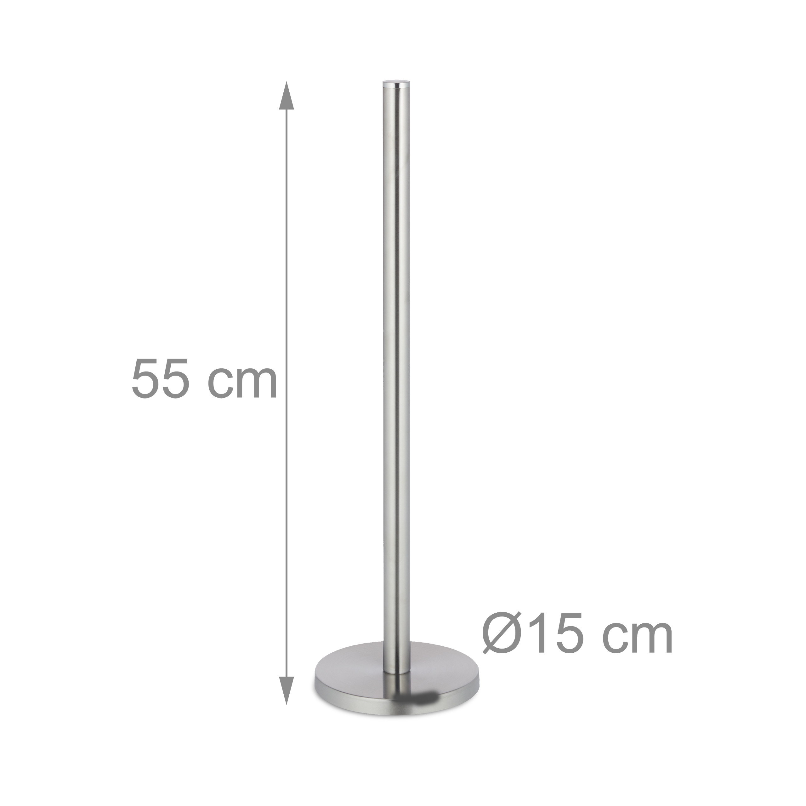 Silberner Papierrollenhalter aus Edelstahl mit den Maßen 55 cm Höhe und 15 cm Durchmesser auf weißem Grund.
