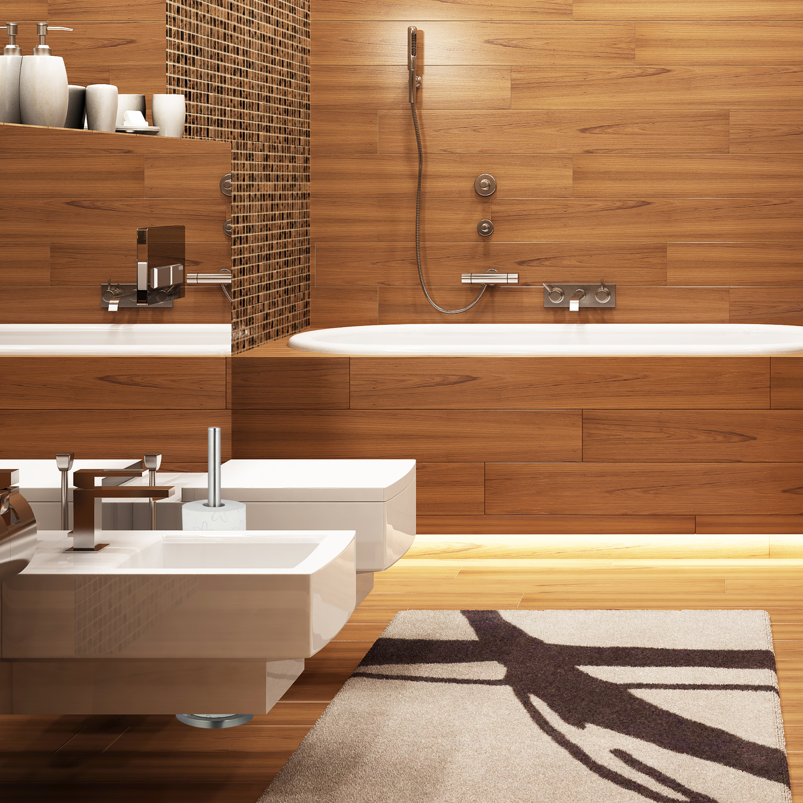 Ein modernes Badezimmer mit Holzwänden, einer weißen Badewanne, einem Waschbecken und einem gemusterten Teppich.