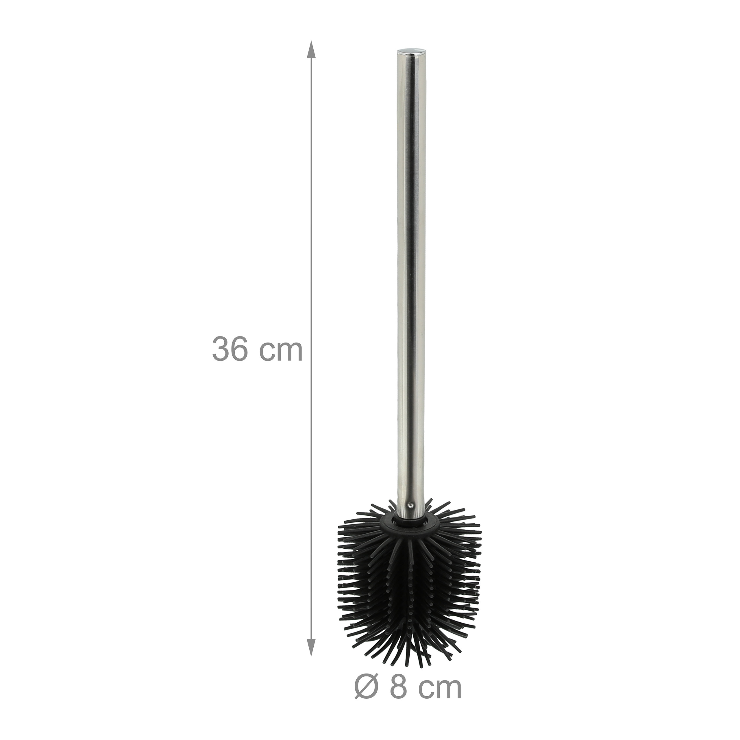Eine Toilettenbürste mit silbernem Stiel und schwarzen Silikonborsten, Maße: 36 cm Höhe, 8 cm Durchmesser.