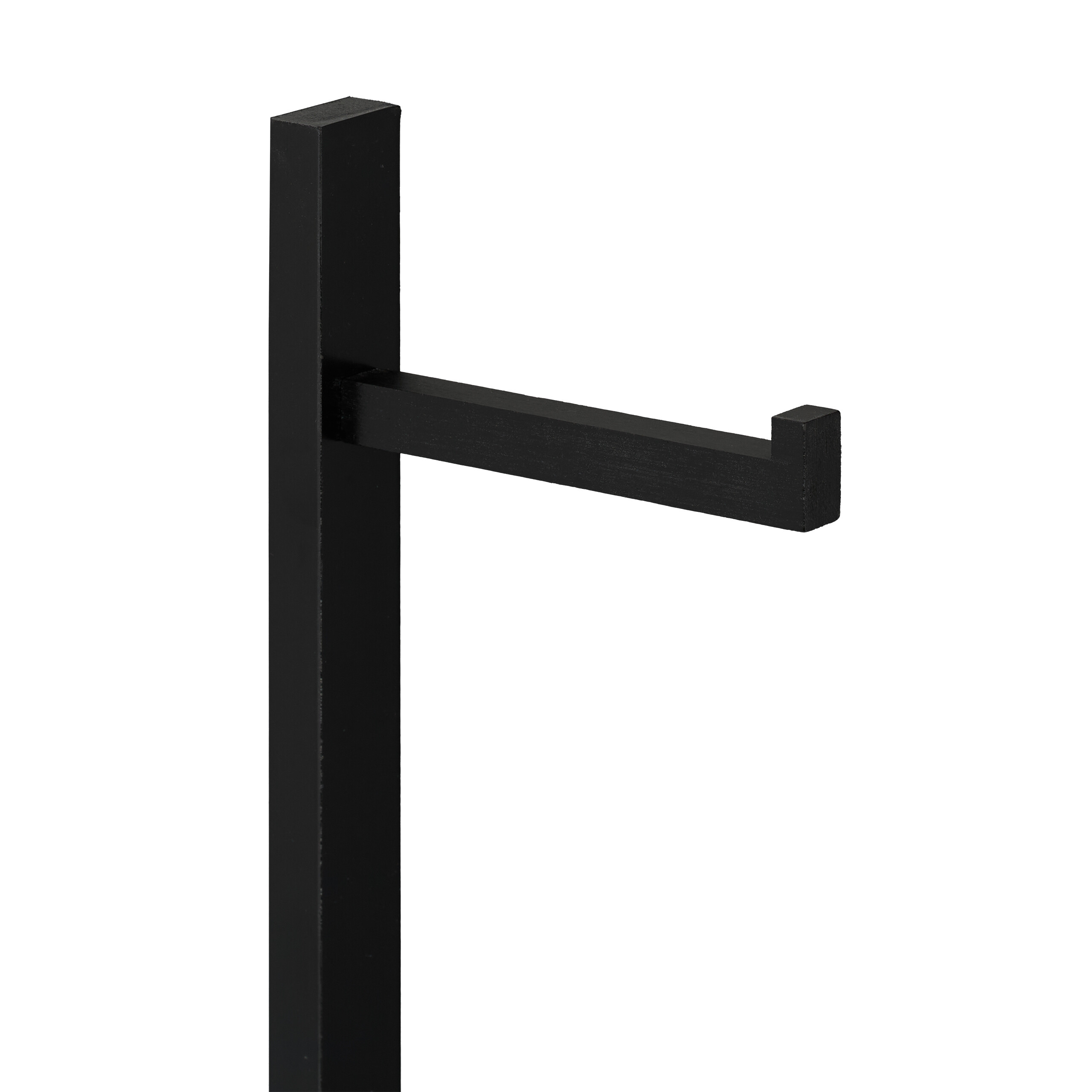 Ein schwarzer Toilettenpapierhalter aus Metall mit vertikaler Halterung und horizontalem Arm vor weißem Hintergrund.