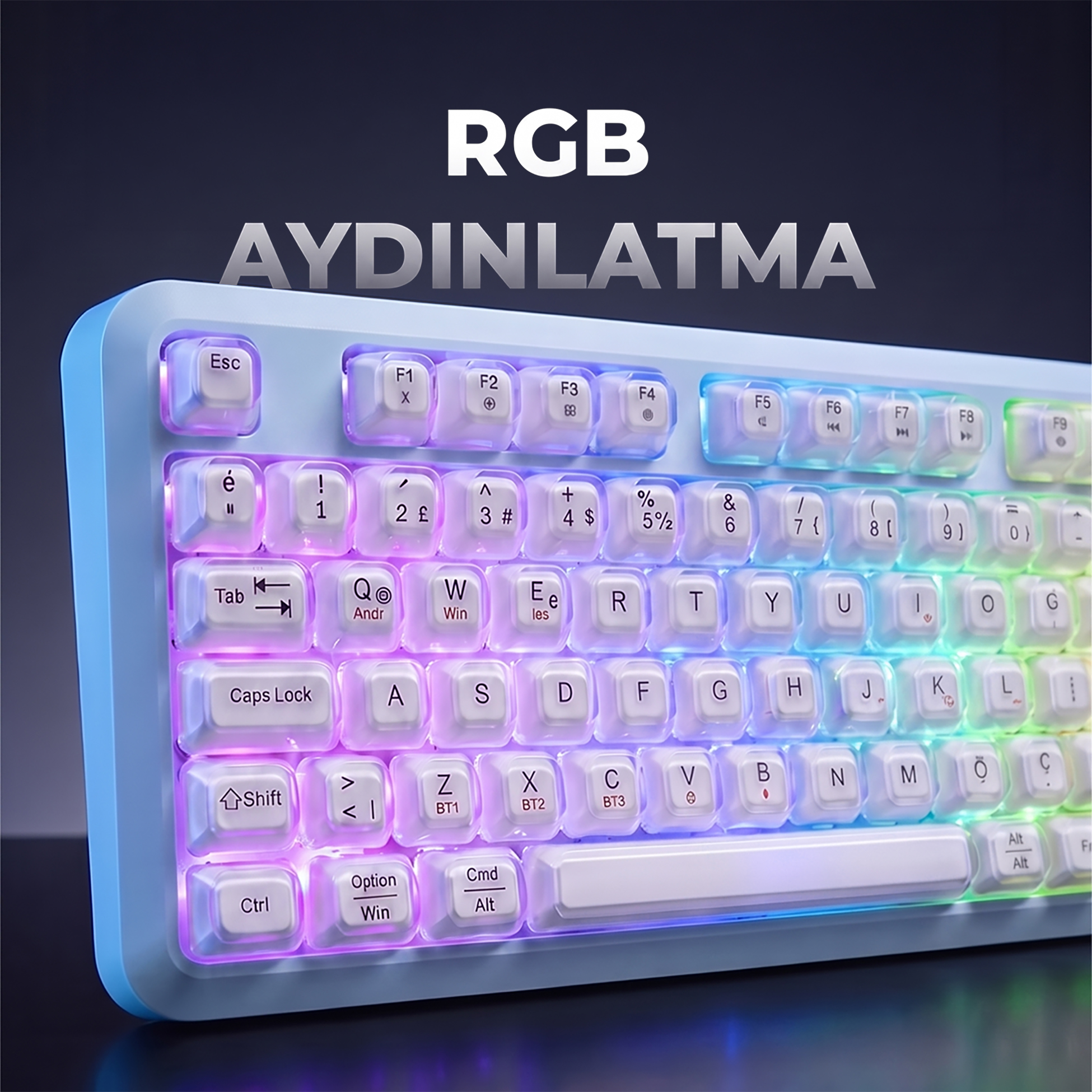 Arka planda metin ve parlak RGB aydınlatmaya sahip açık mavi mekanik klavye.