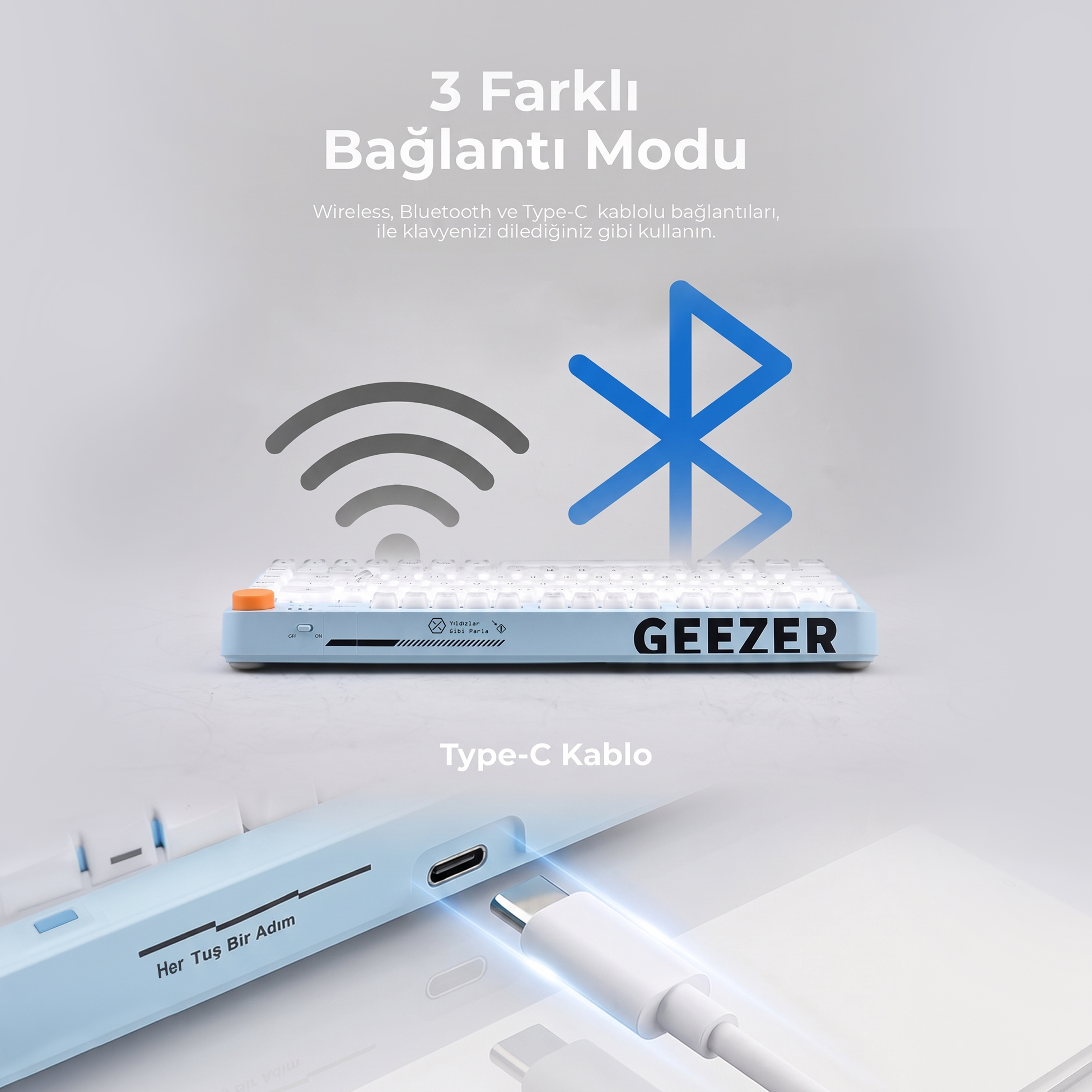 Kablosuz, Bluetooth ve Type-C olmak üzere üç bağlantı modunu gösteren Geezer klavye tanıtım görseli.