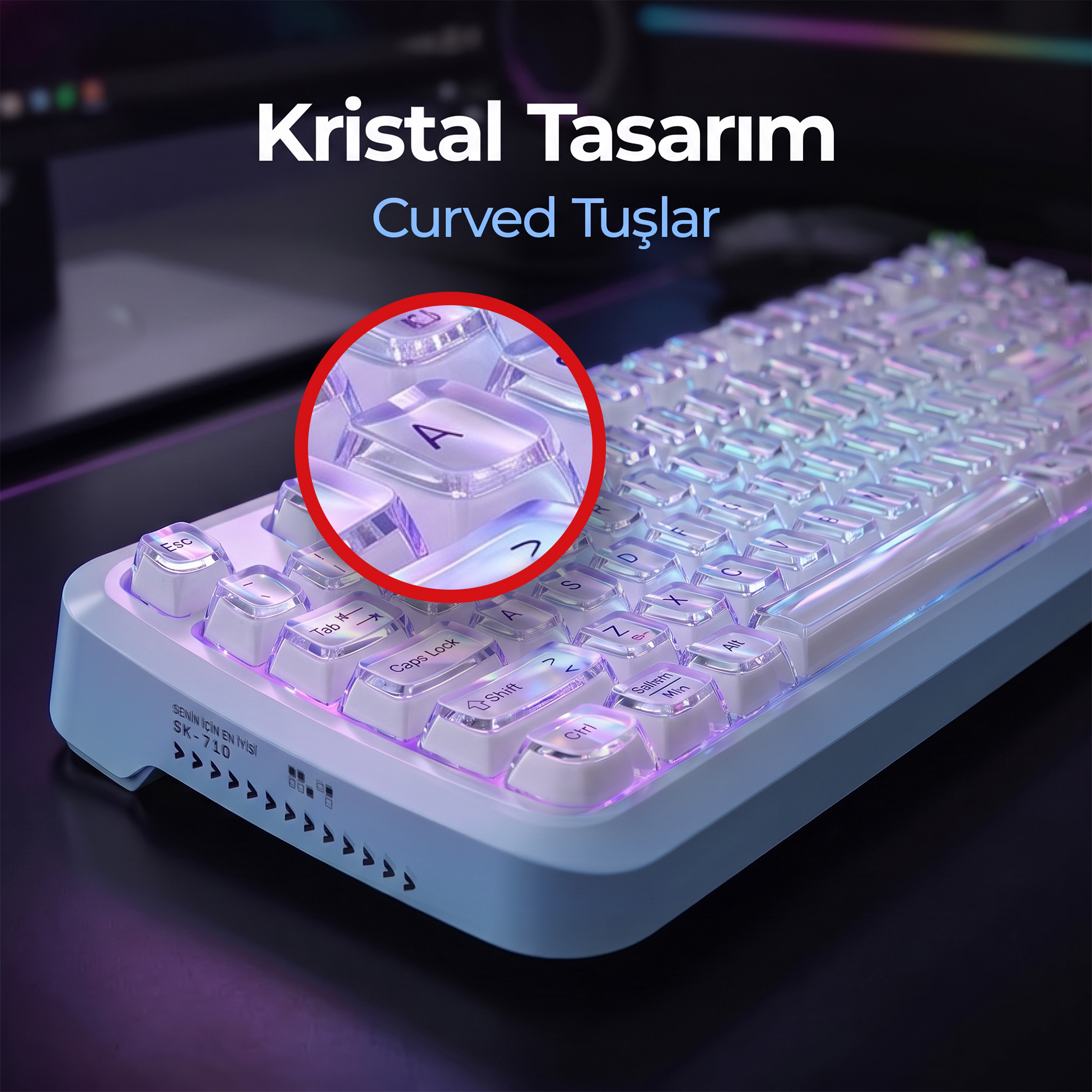 Kristal kavisli tuşlara ve mor arka aydınlatmaya sahip beyaz mekanik klavye.