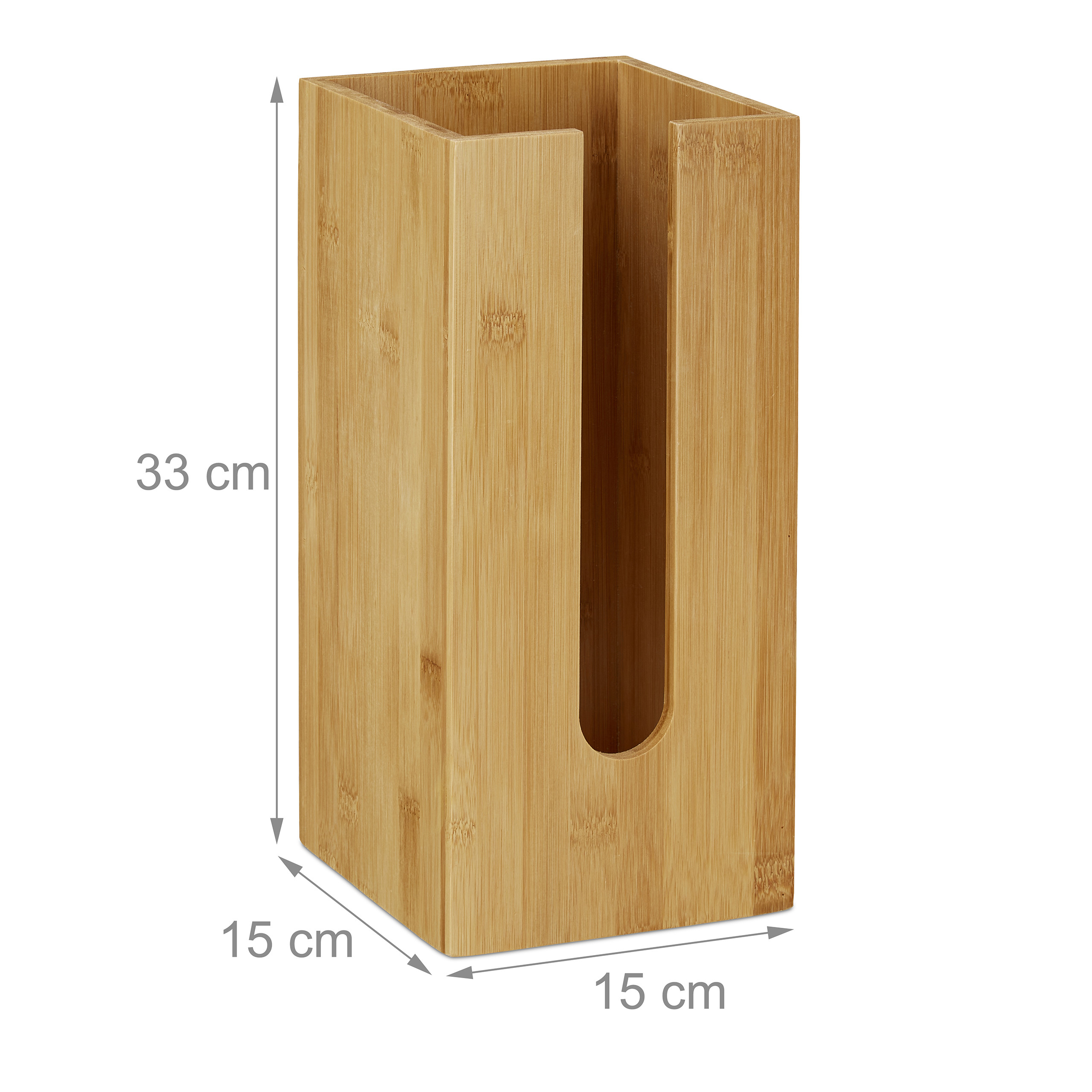 Bambus-Handtuchspender mit Maßen von 33x15x15 cm vor weißem Hintergrund.