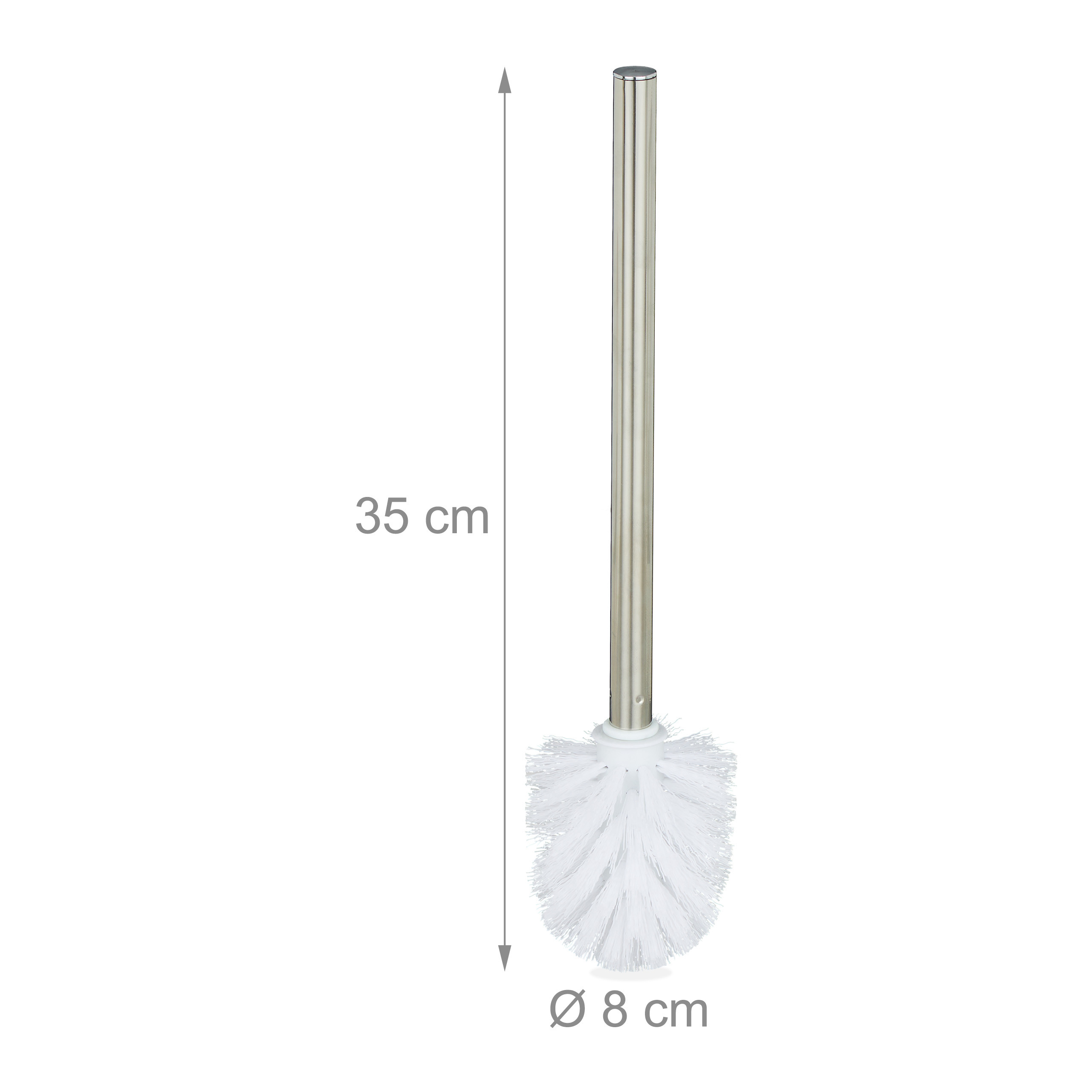 Eine lange, silberne Klobürste mit weißen Borsten und Maßangaben von 35 cm Höhe und 8 cm Durchmesser.