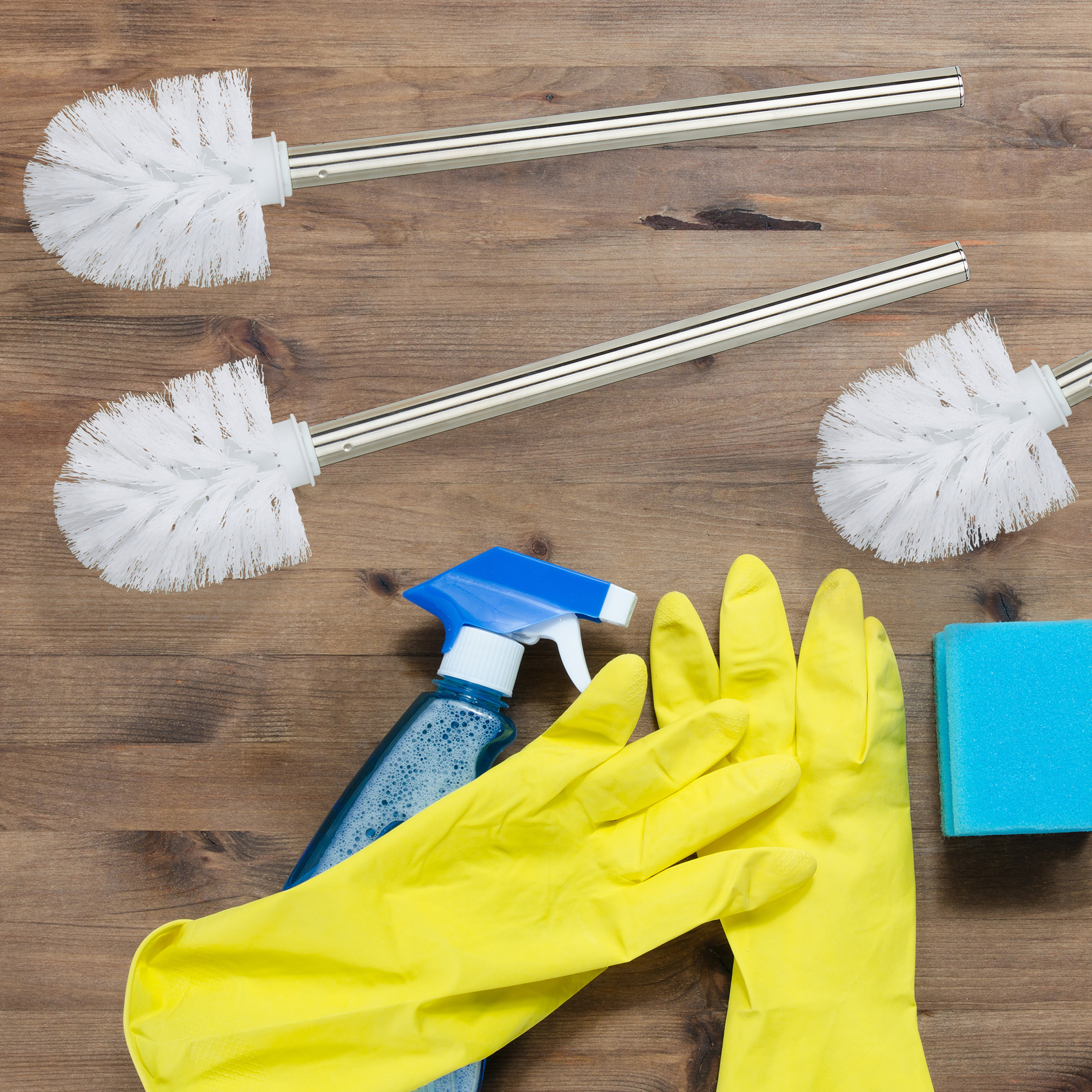 Reinigungsmittel auf Holz: drei Klobürsten, gelbe Handschuhe, blaue Sprühflasche und ein Schwamm.