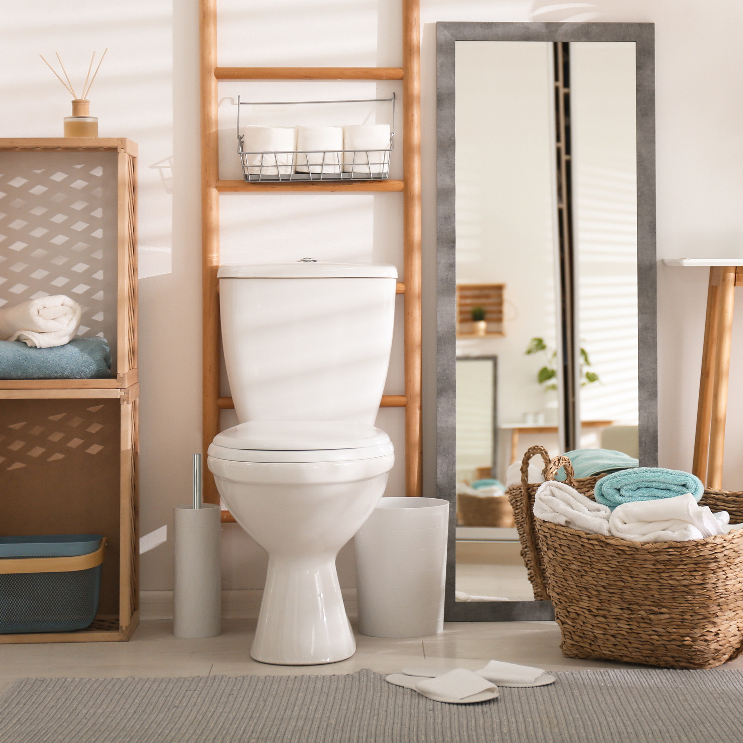 Ein helles Badezimmer mit weißer Toilette, Holzleiter, großem Spiegel, Weidenkorb und handtuchgefülltem Regal.