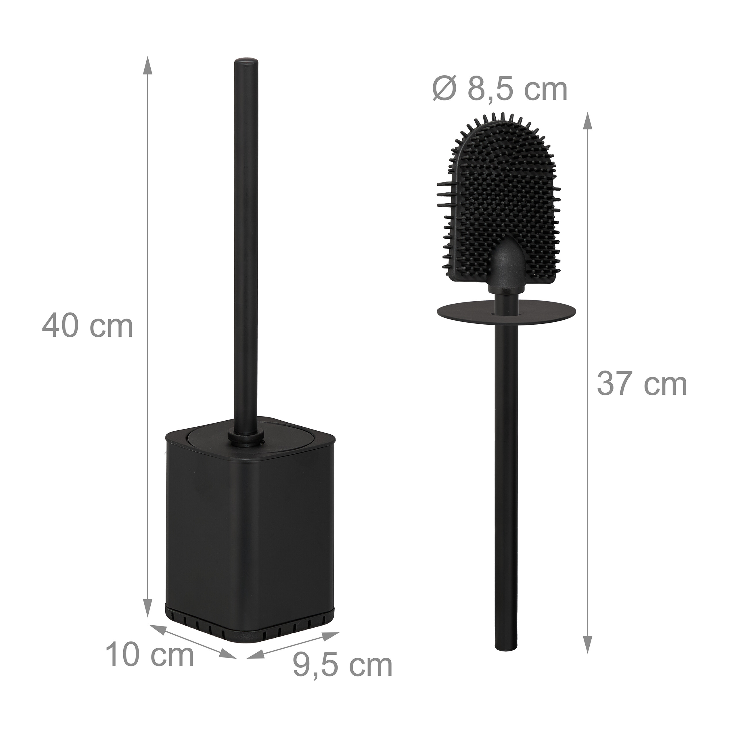 Schwarze Toilettenbürste mit Halterung und Maßangaben.