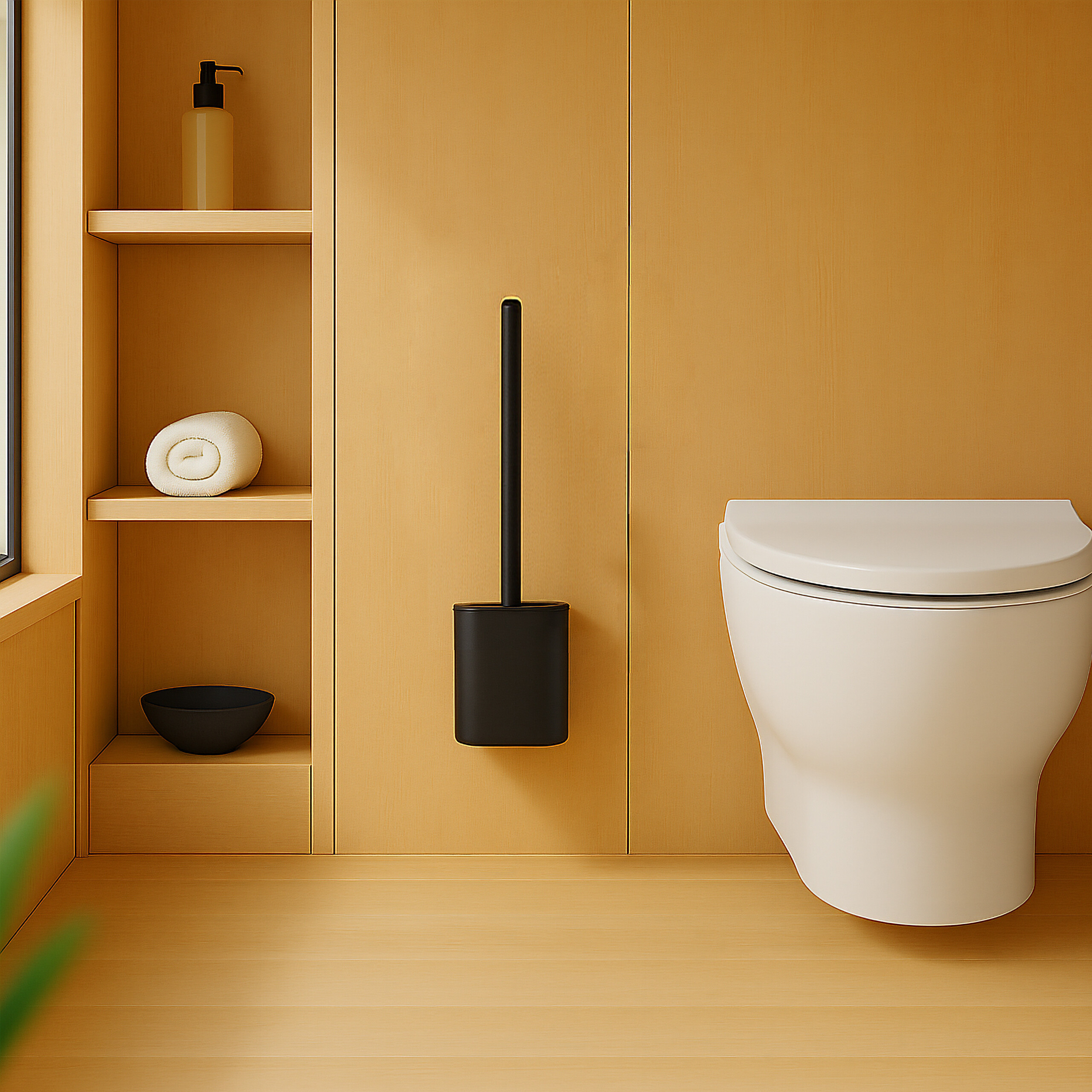Moderne Toilette mit schwarzer Bürste und Regalen an einer orangefarbenen Wand.