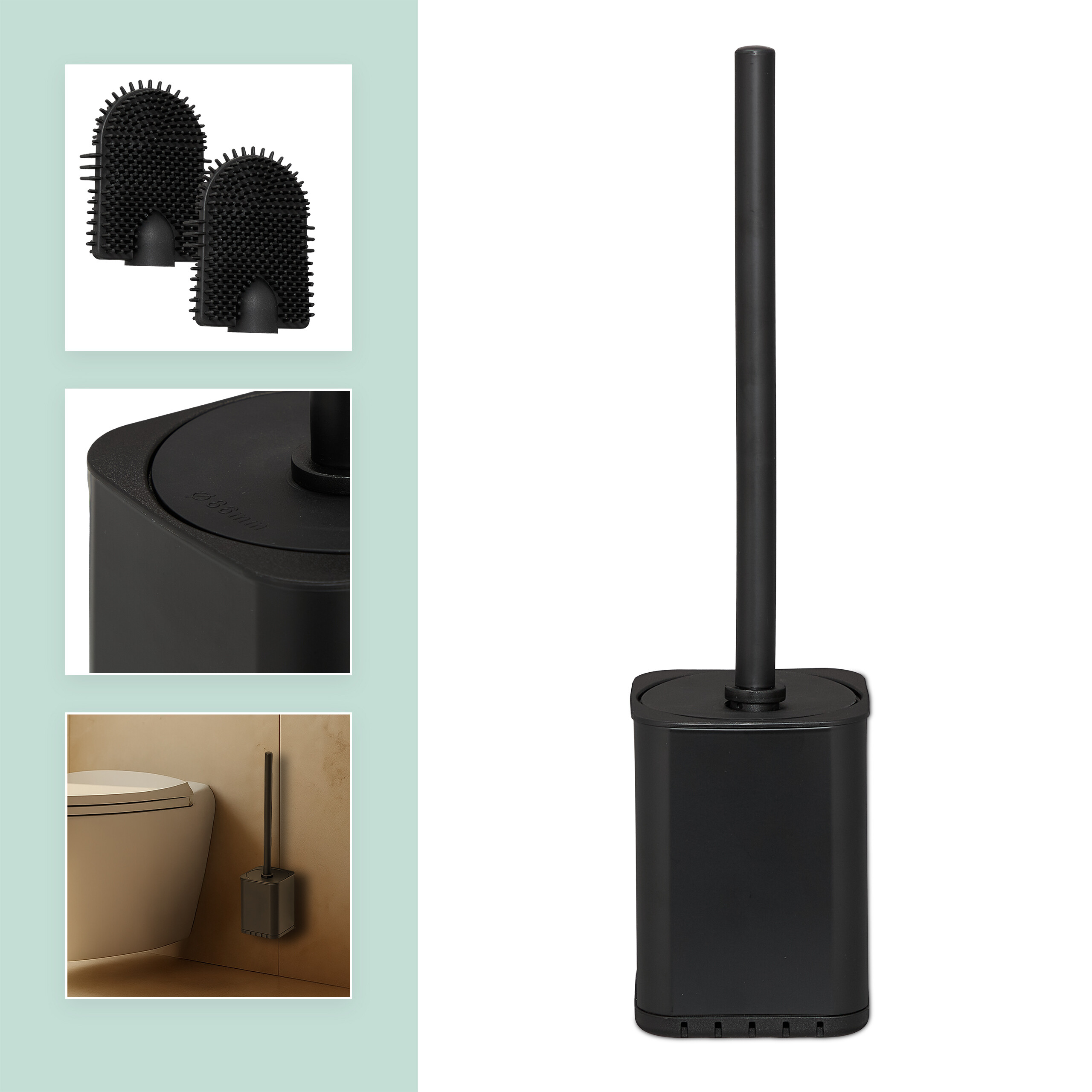 Eine schwarze Toilettenbürste mit Halter, Detailansichten der Bürstenköpfe und Anwendungsbeispiel im Badezimmer.