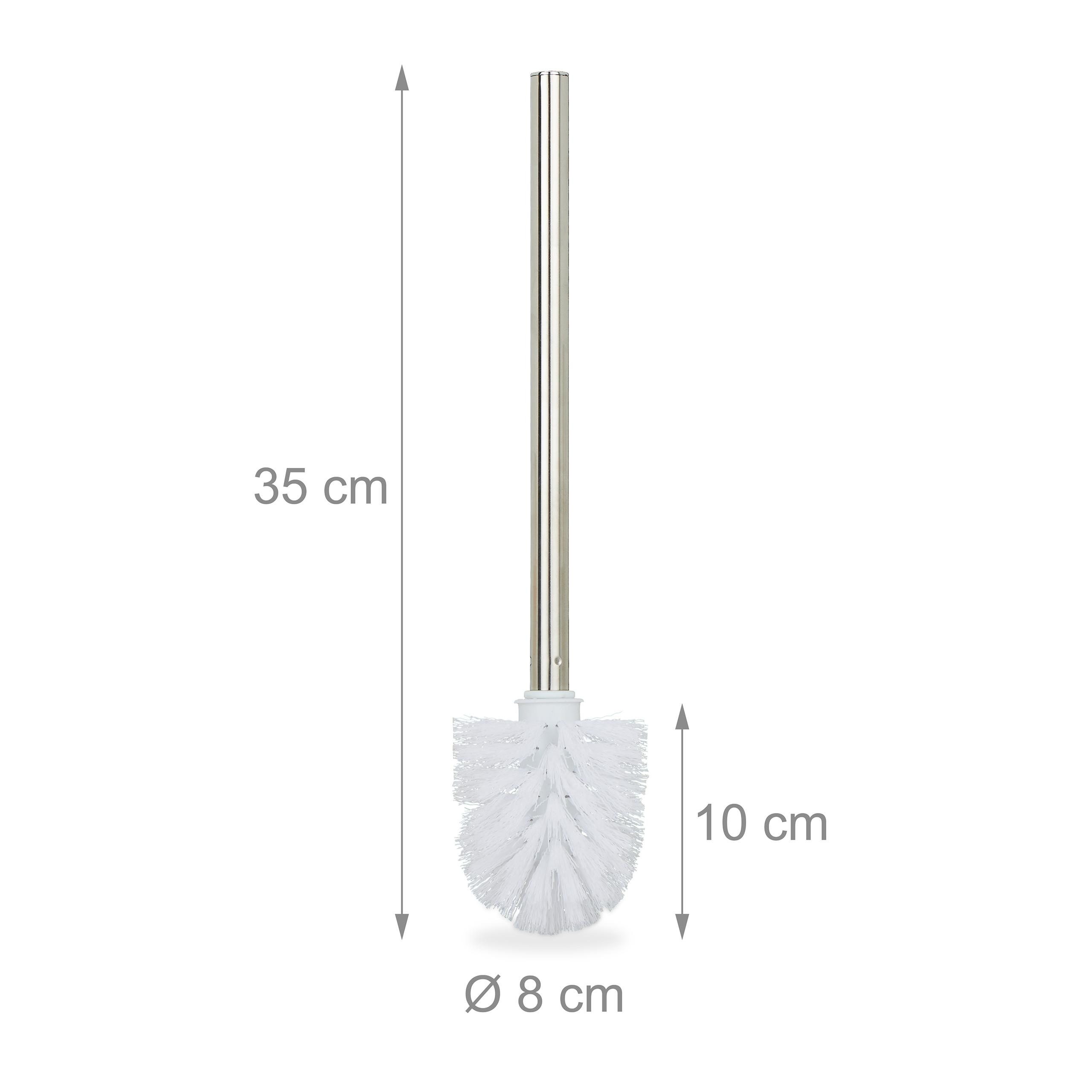 WC-Bürste mit silbernem Stiel und weißen Borsten, Höhe 35 cm, Bürstenkopf 10 cm, Durchmesser 8 cm.