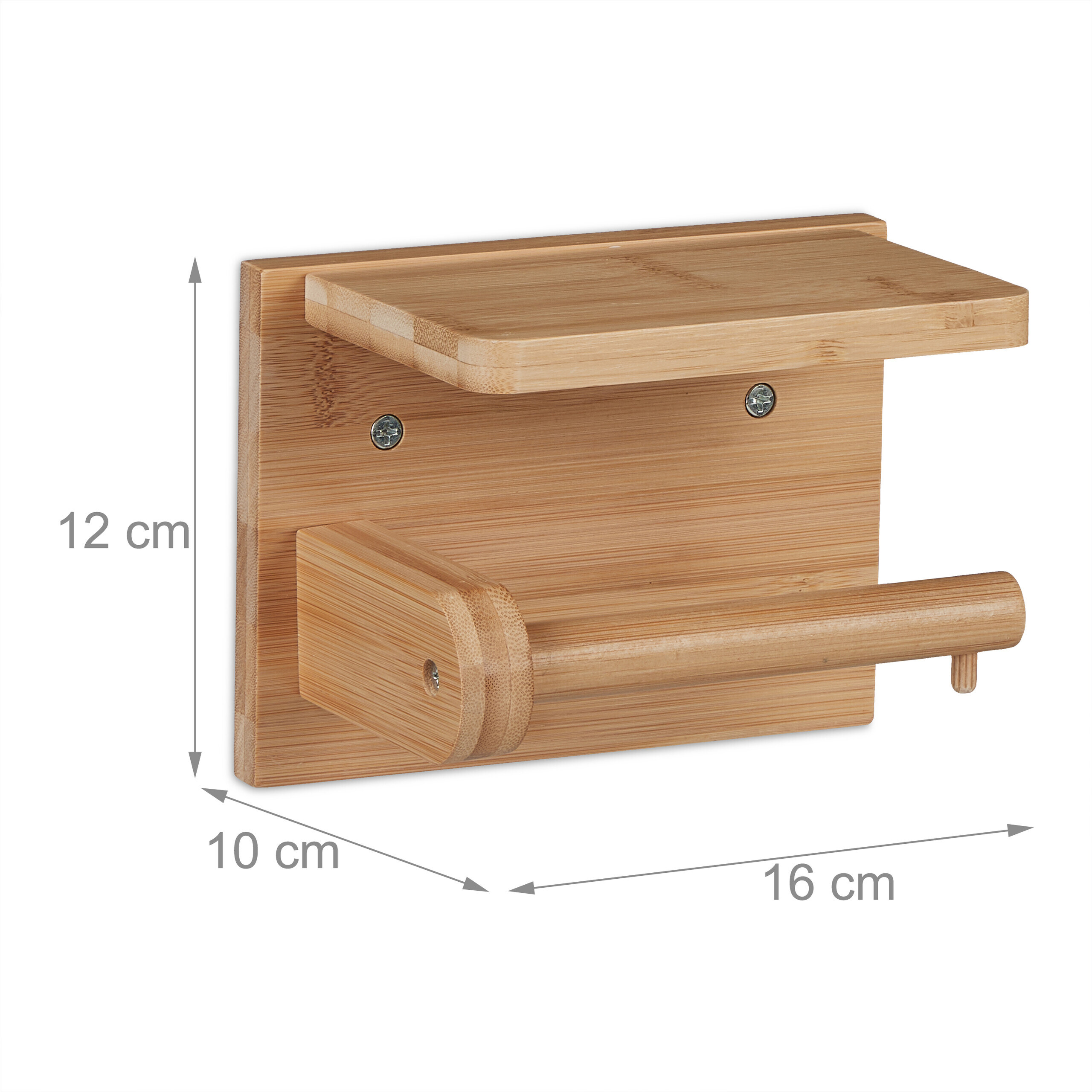 Holz-Toilettenpapierhalter mit Ablage. Maße: 12 cm Höhe, 16 cm Breite, 10 cm Tiefe.