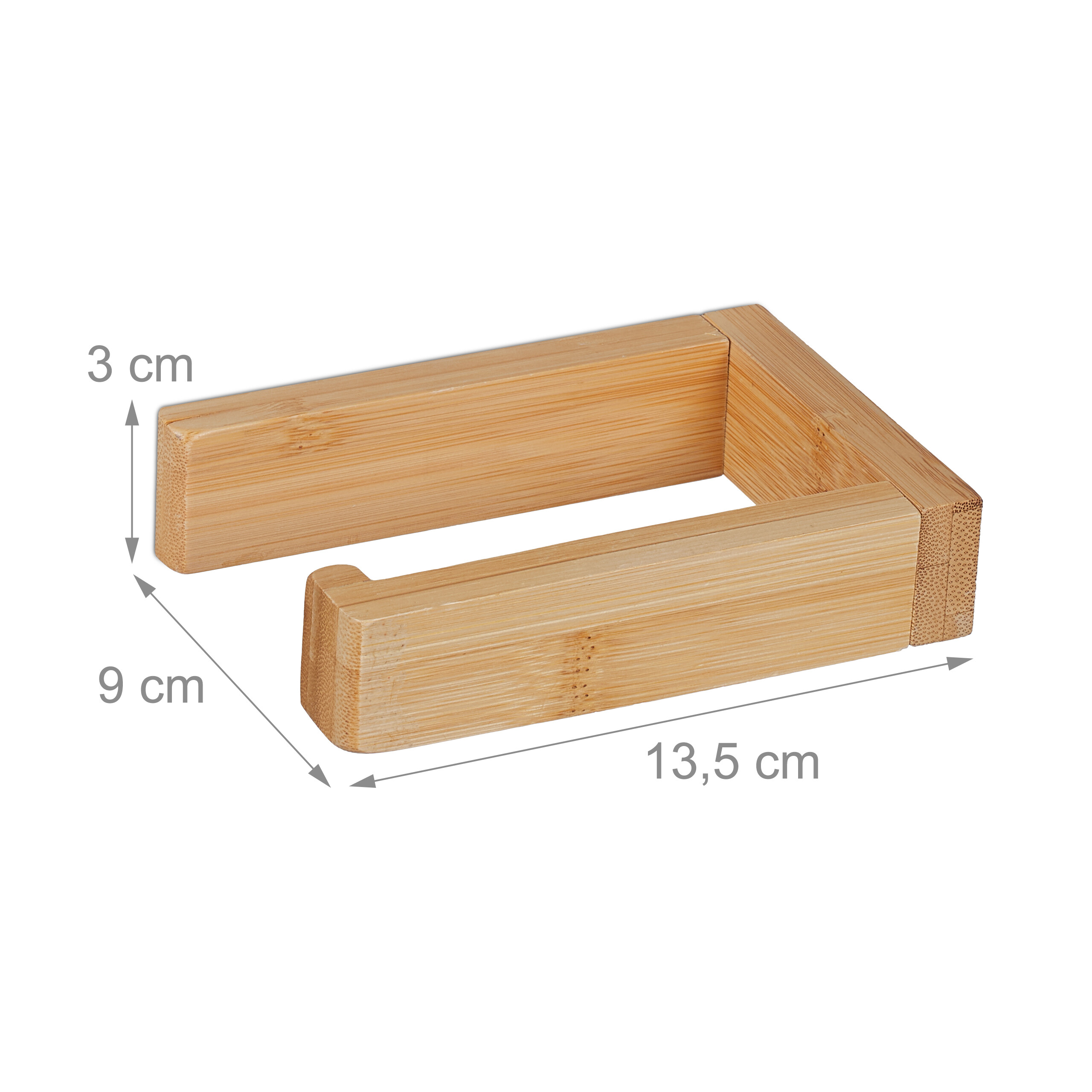 Holz-Toilettenpapierhalter mit Maßen von 13,5 cm Breite, 9 cm Tiefe und 3 cm Höhe.