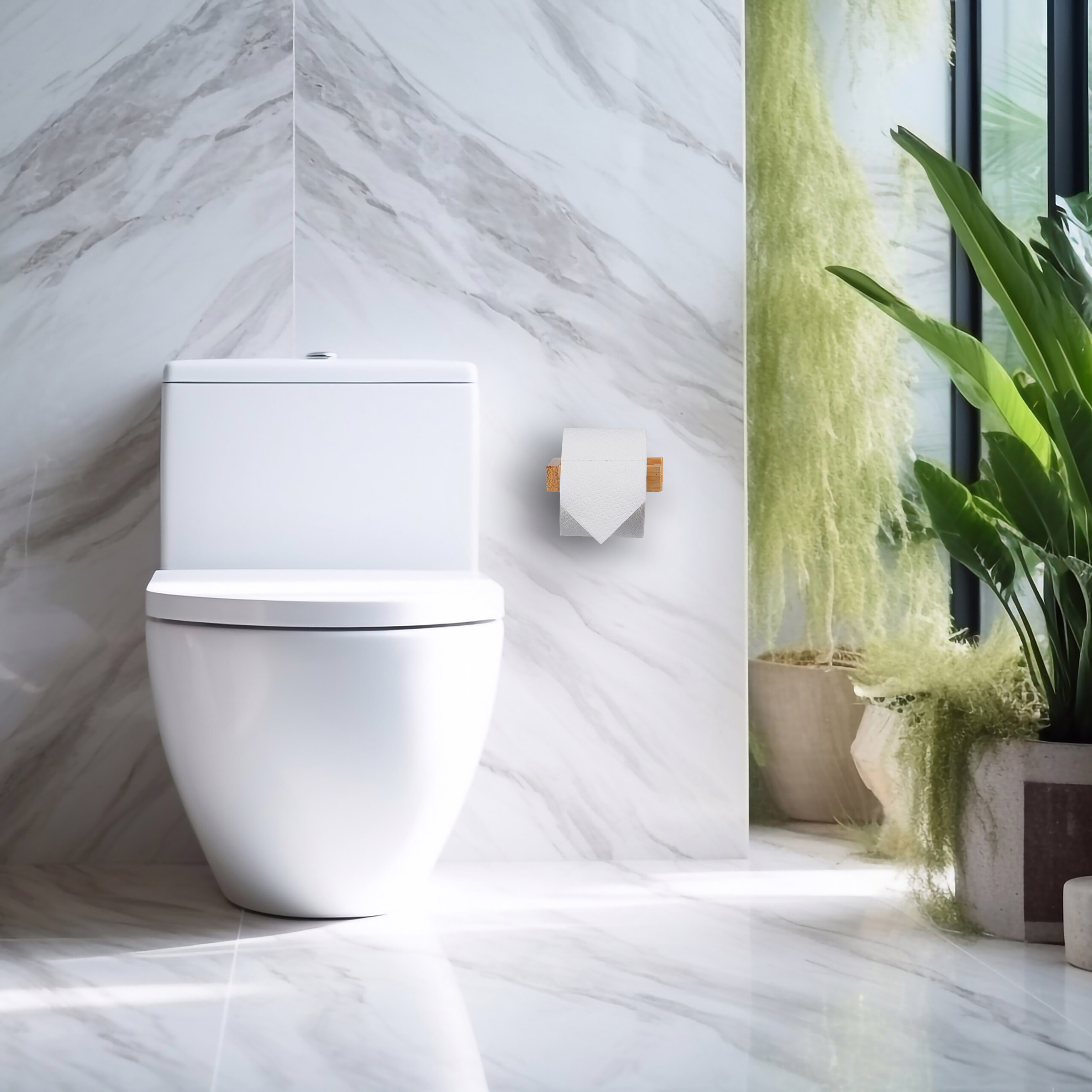 Moderne weiße Toilette vor Marmorwand, daneben grüner Pflanzen und Toilettenpapier.