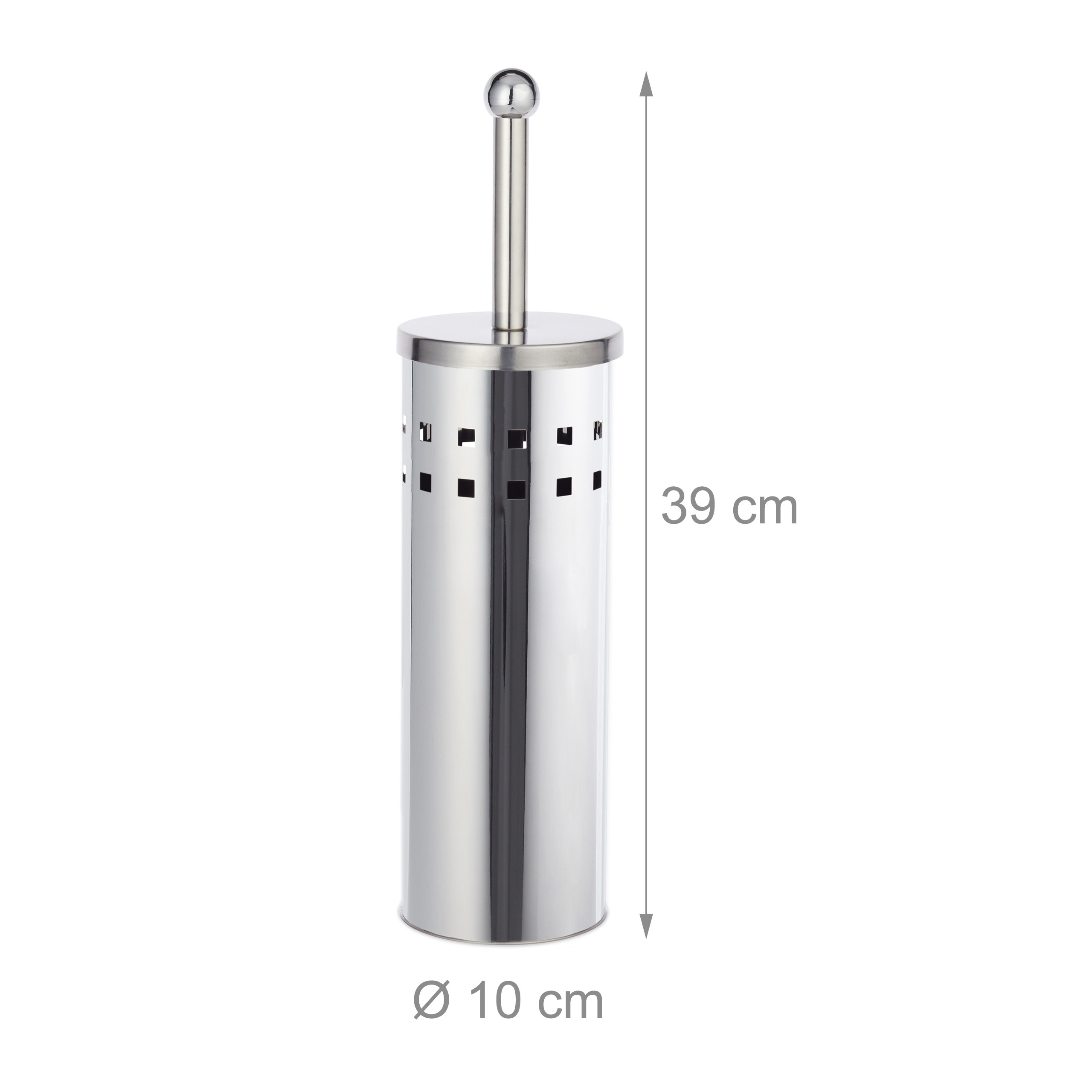 Glänzender Toilettenbürstenhalter aus Edelstahl, Höhe 39 cm, Durchmesser 10 cm.