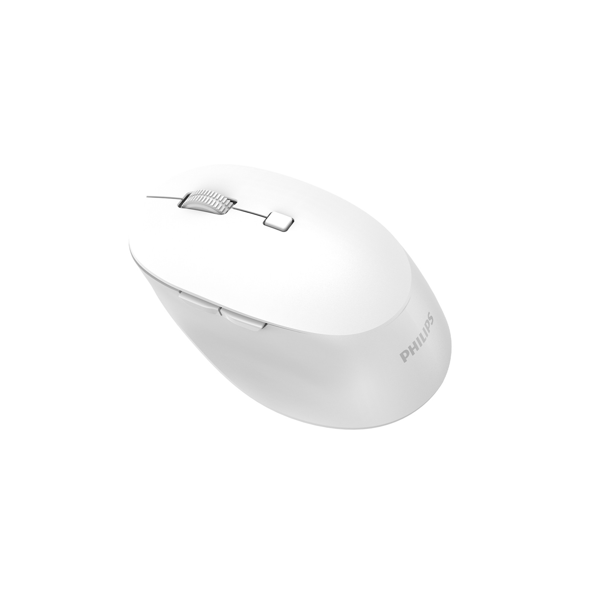 Beyaz arka planda kaydırma tekerleği ve yan tuşları olan beyaz bir Philips kablosuz fare.