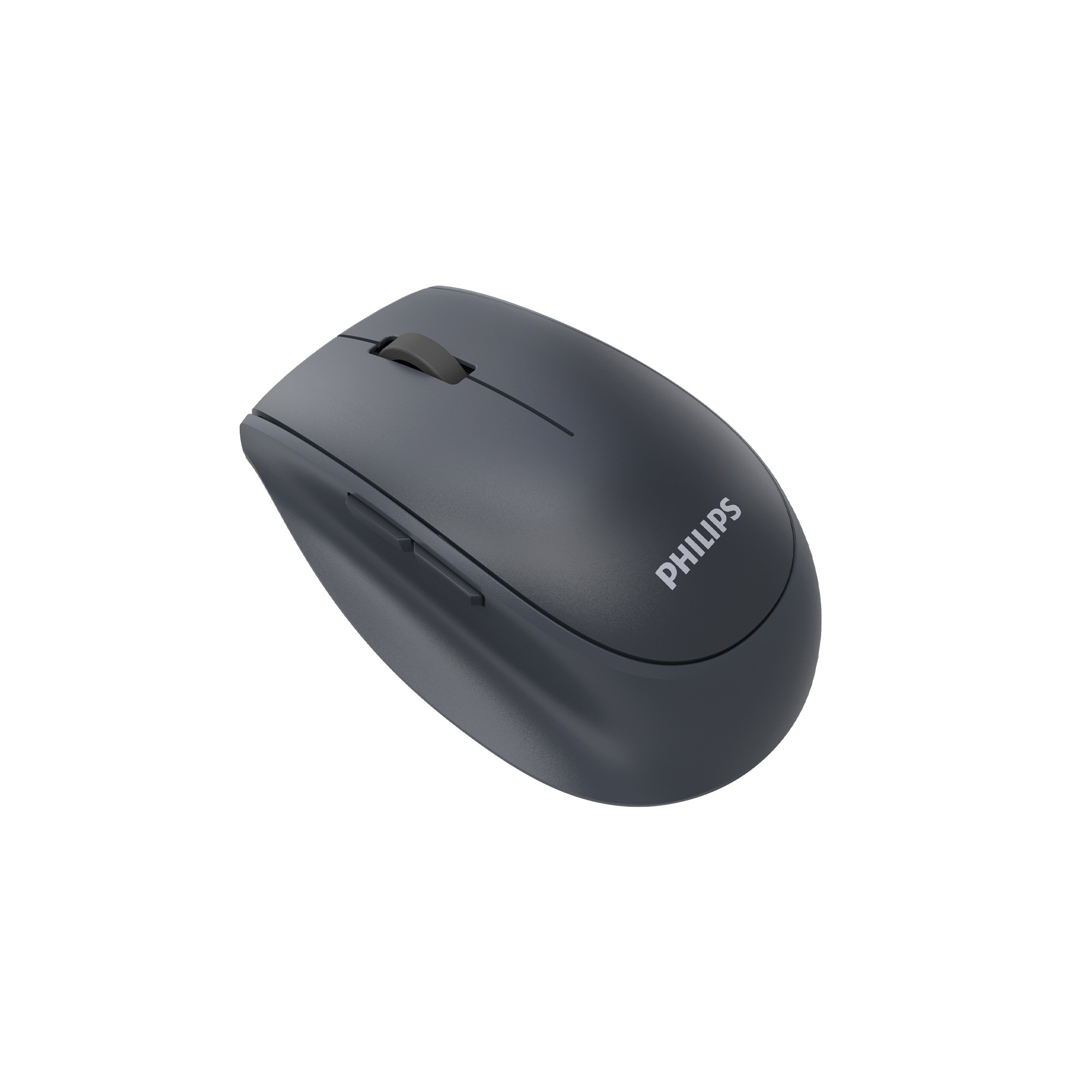 Beyaz arka planda kaydırma tekerleği ve yan düğmeleri olan gri bir Philips bilgisayar faresi.