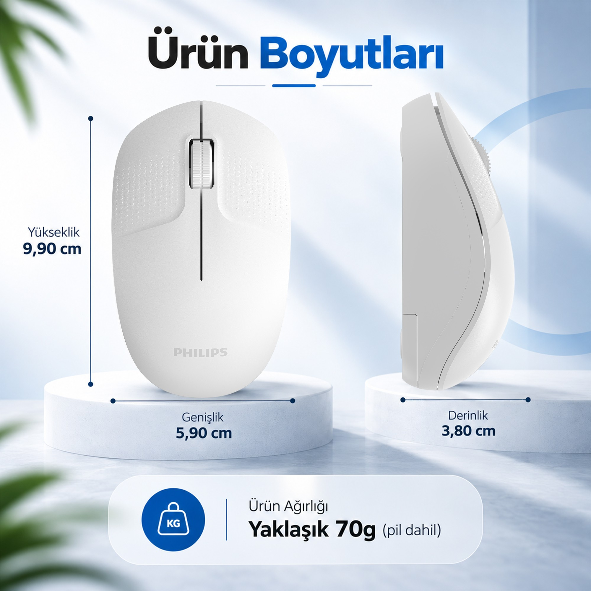 Boyutları verilen beyaz Philips fare: yükseklik 9.90 cm, genişlik 5.90 cm, derinlik 3.80 cm ve ağırlık 70g.