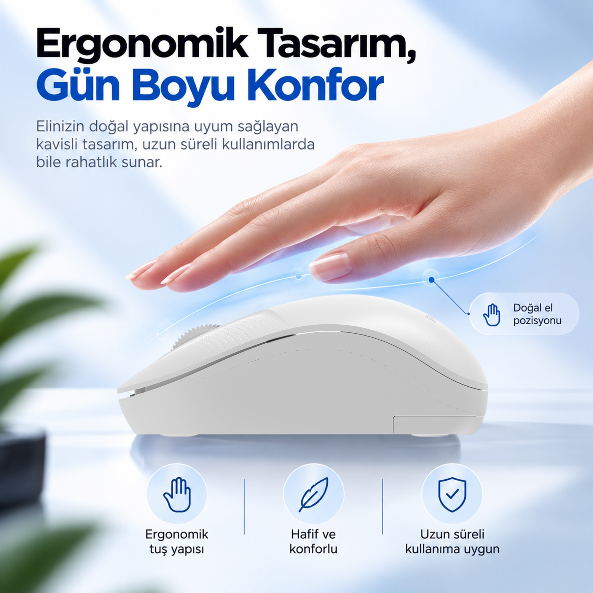 Arka planda metin bulunan beyaz, ergonomik bir bilgisayar faresinin üzerinde duran el.