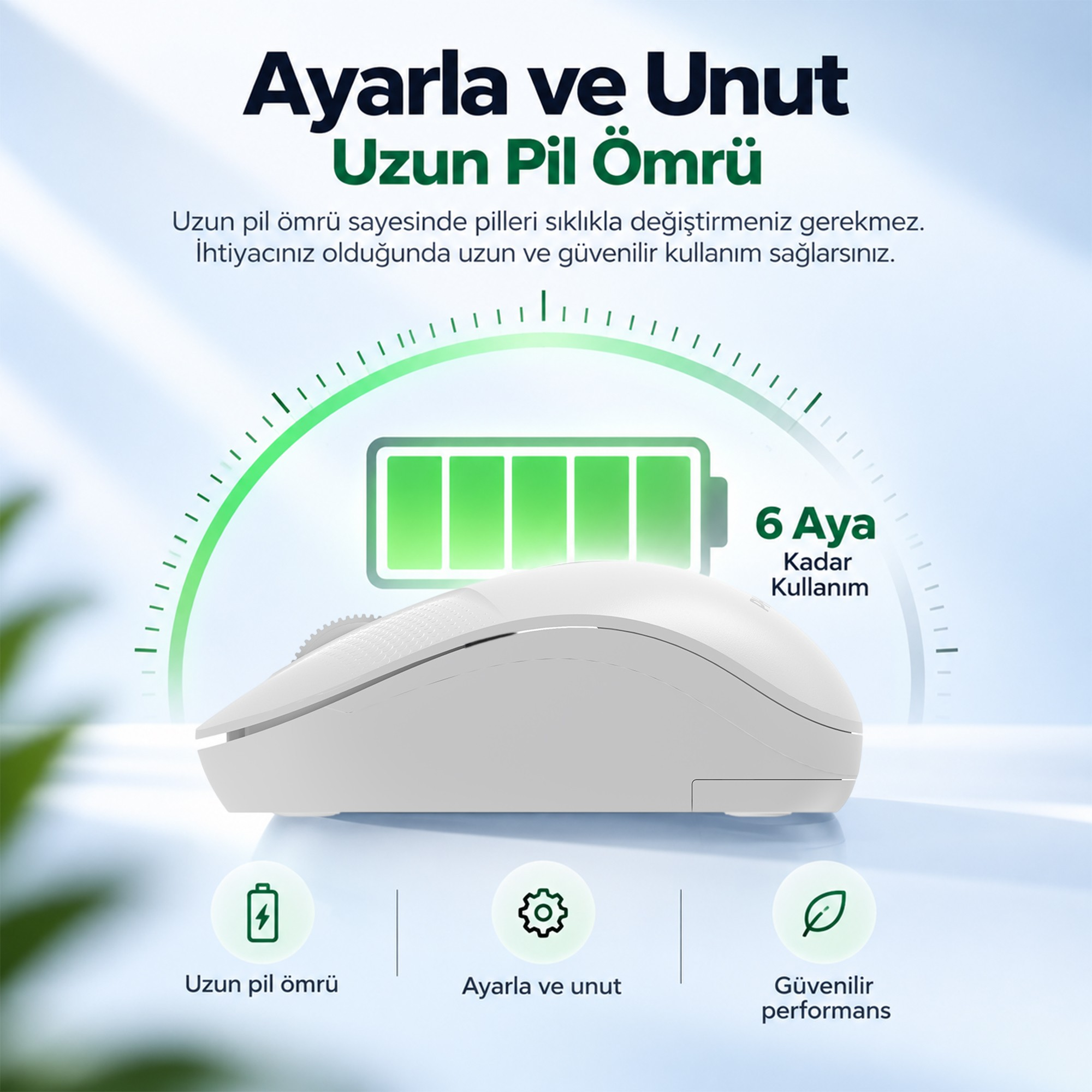 Arka planda yeşil pil simgesi ve uzun pil ömrü hakkında metin bulunan beyaz bilgisayar faresi.