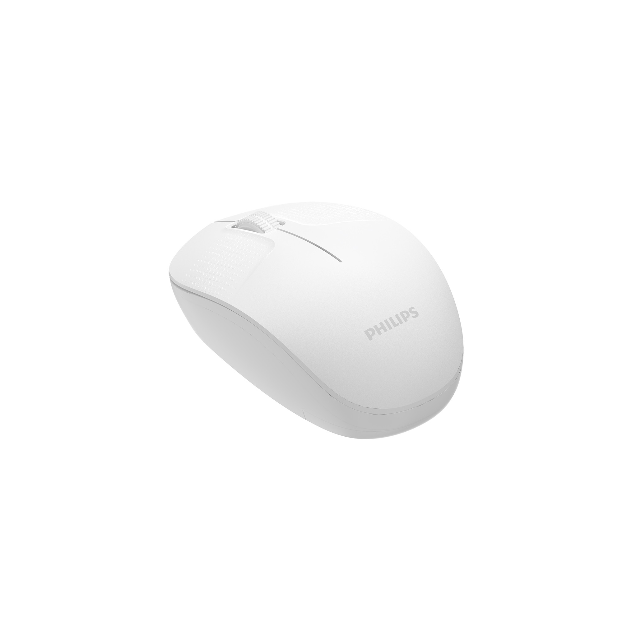 Beyaz arkaplanda beyaz renkli Philips kablosuz bilgisayar faresi.