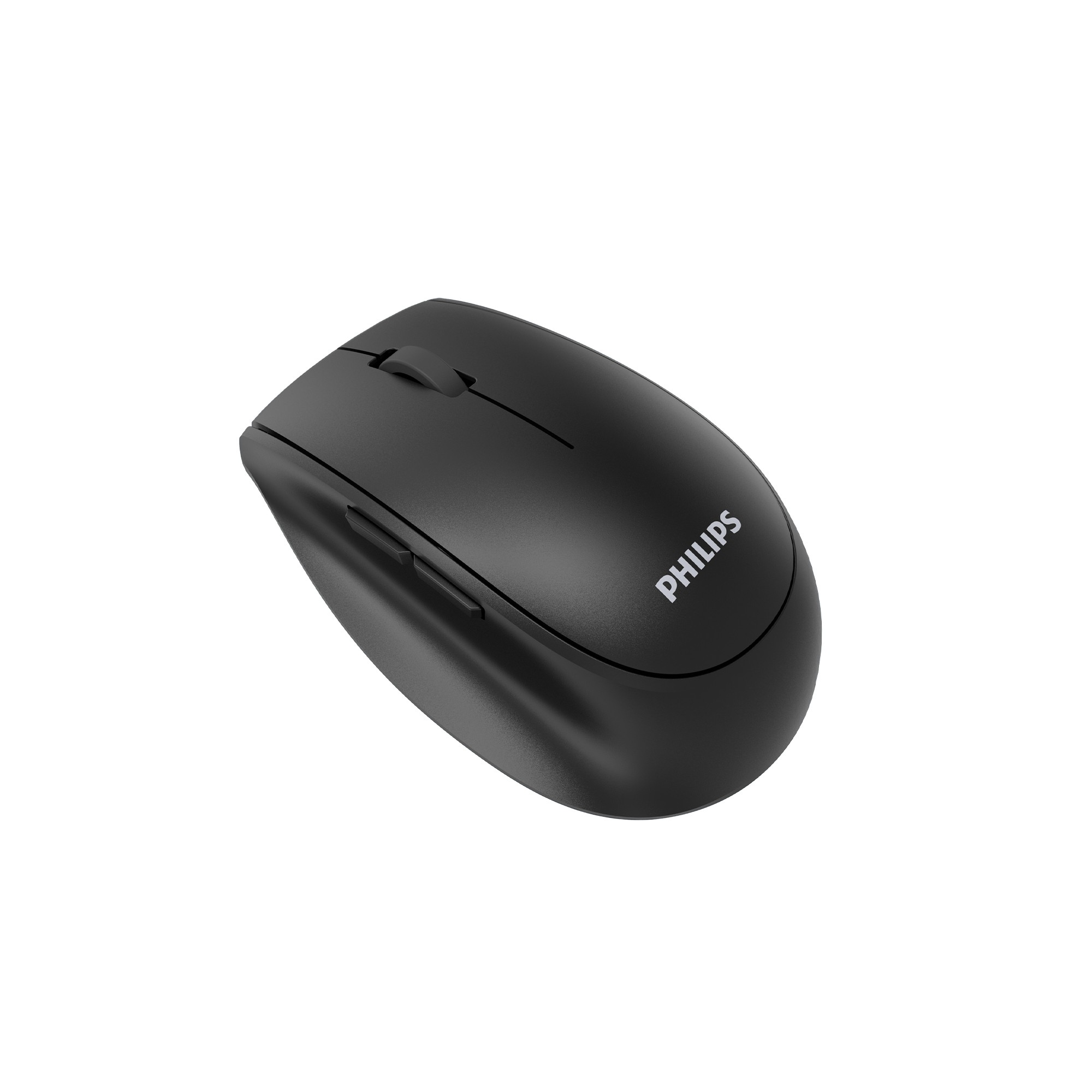 Beyaz arka planda kaydırma tekerleği ve yan tuşları olan siyah Philips kablosuz fare.