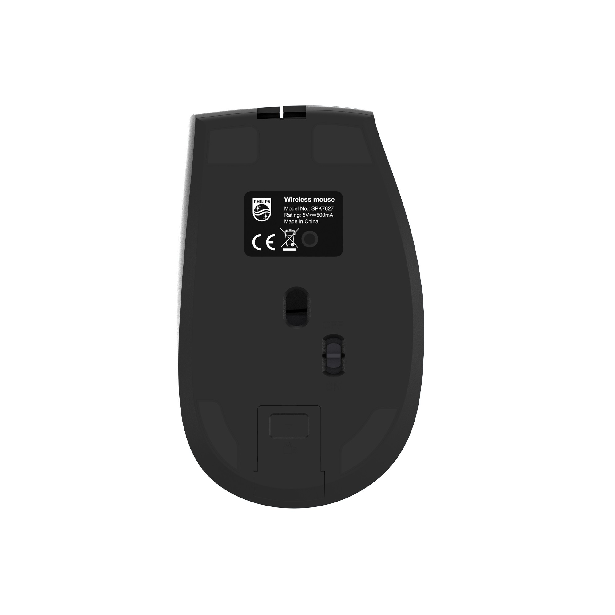 Beyaz arka planda ürün etiketi, sensörü ve açma-kapama düğmesi görünen siyah Philips kablosuz farenin alt görünümü.
