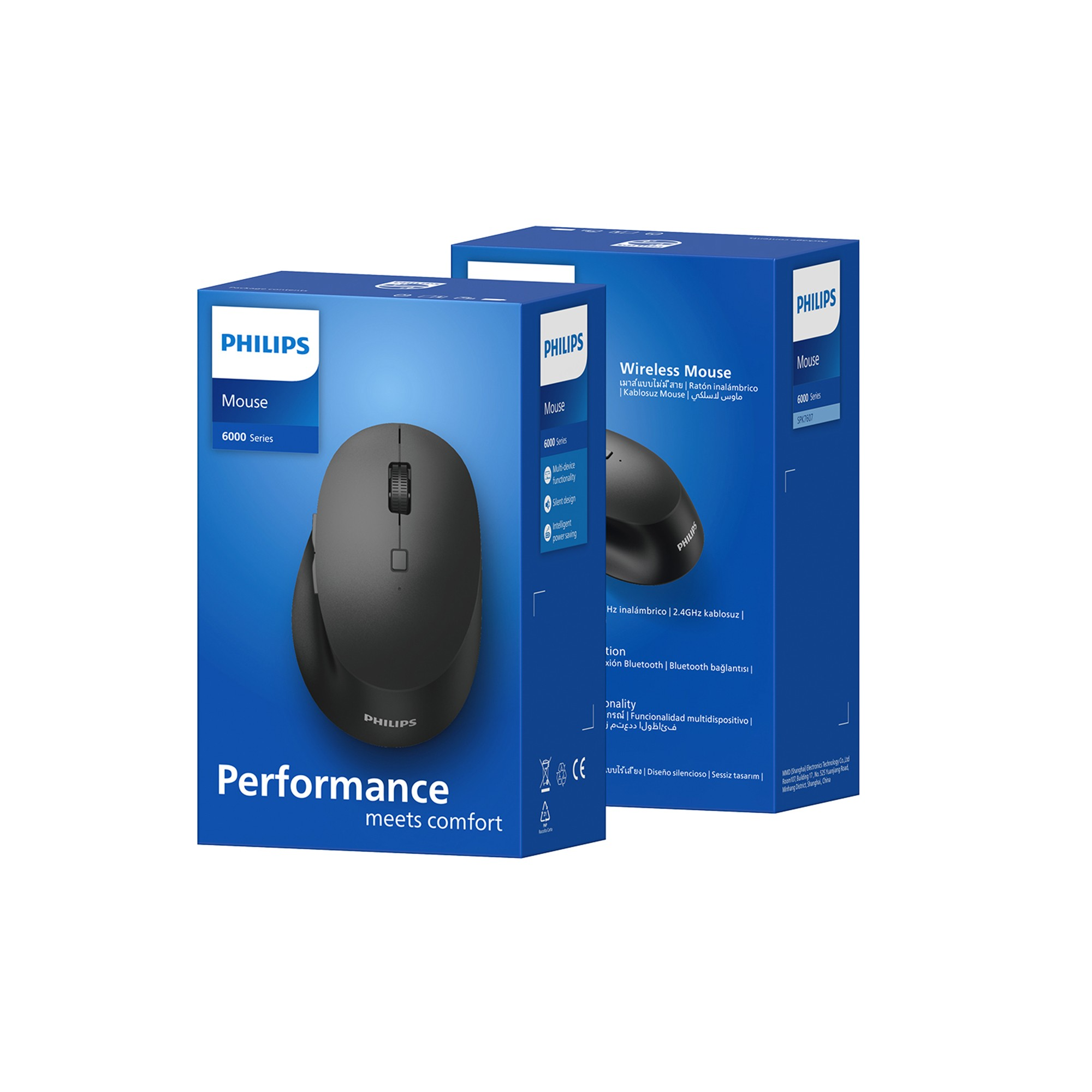 Önünde siyah bir fare olan iki mavi Philips Kablosuz Fare 6000 serisi kutusu.
