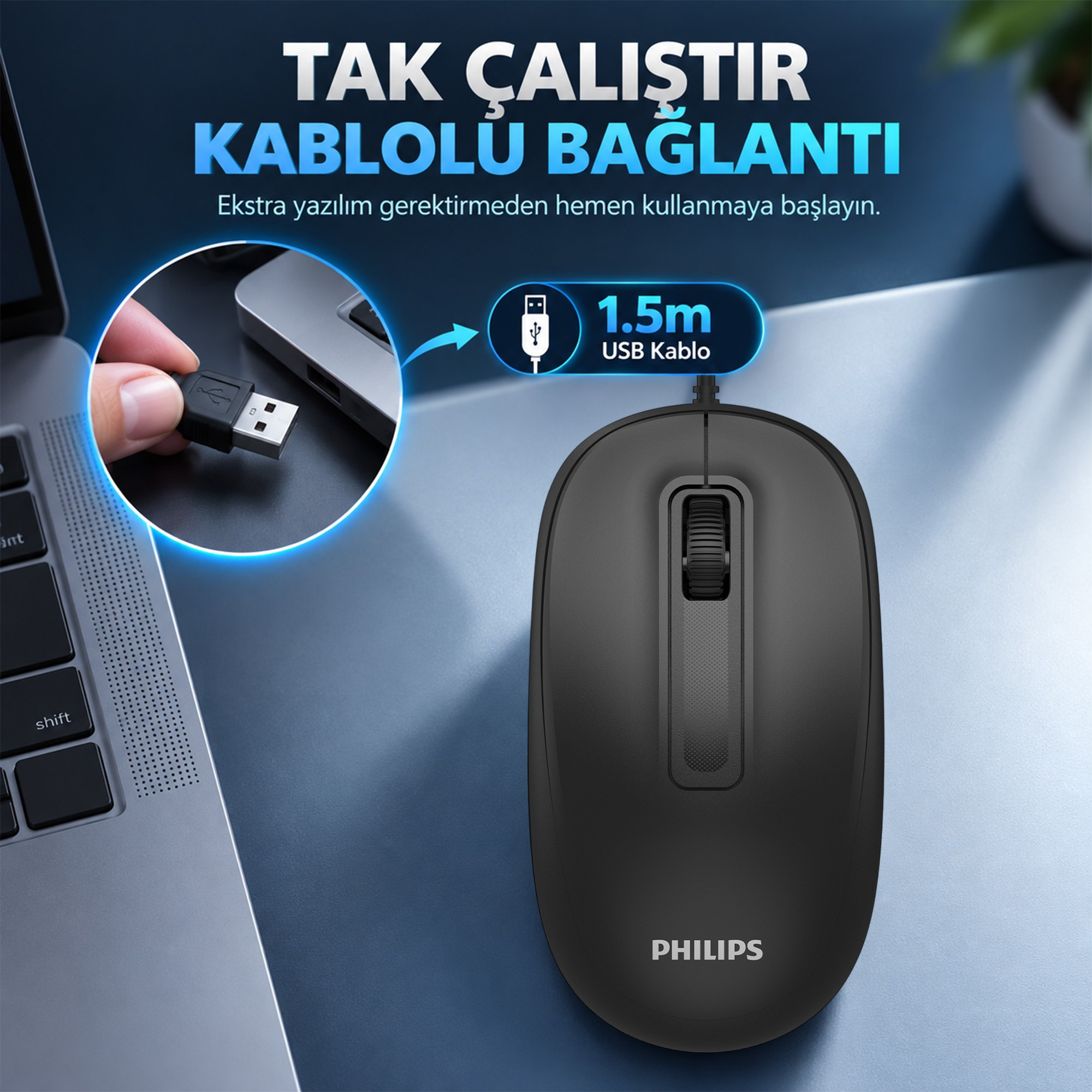 1.5m kablolu siyah Philips USB fare ve arka planda bir dizüstü bilgisayar.