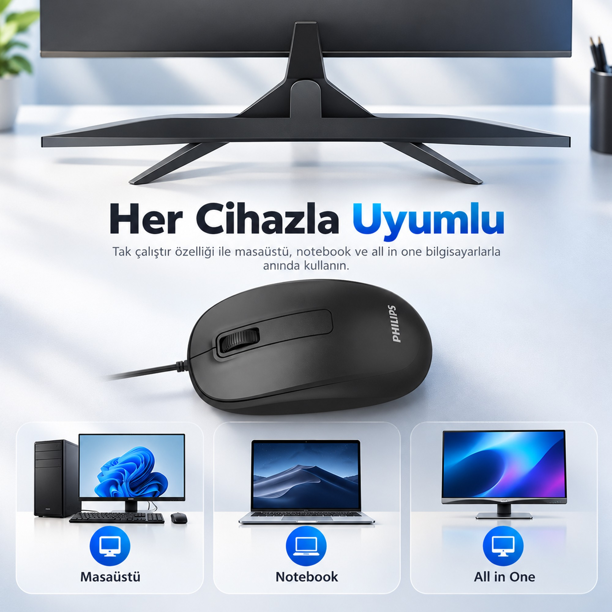 Beyaz masada siyah Philips bilgisayar faresi, monitör standı ve cihaz simgeleri.
