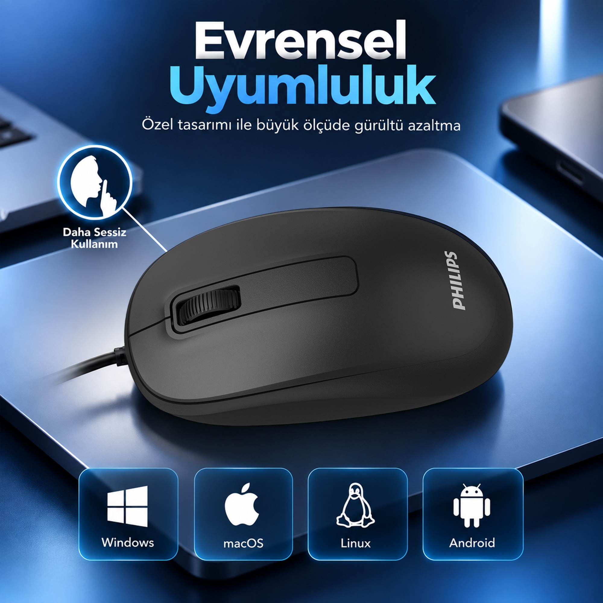 Mavi yüzey üzerinde siyah Philips bilgisayar faresi, Windows, macOS, Linux ve Android simgeleriyle.