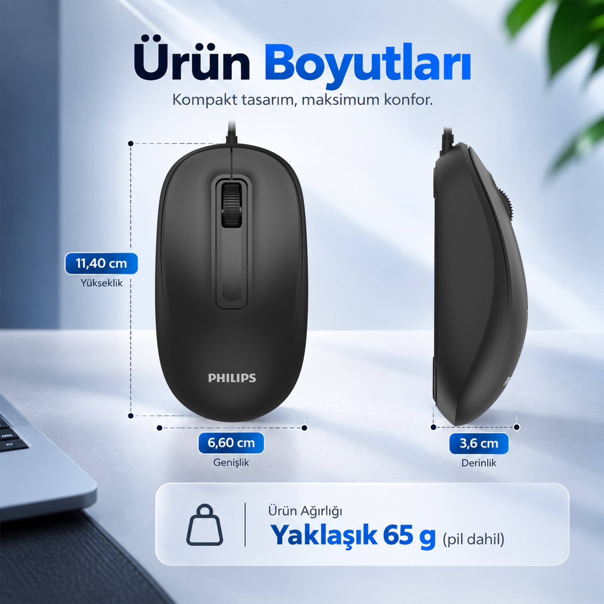 Ölçüleri ve 65g ağırlığı gösterilen siyah Philips mouse ürün boyutları.