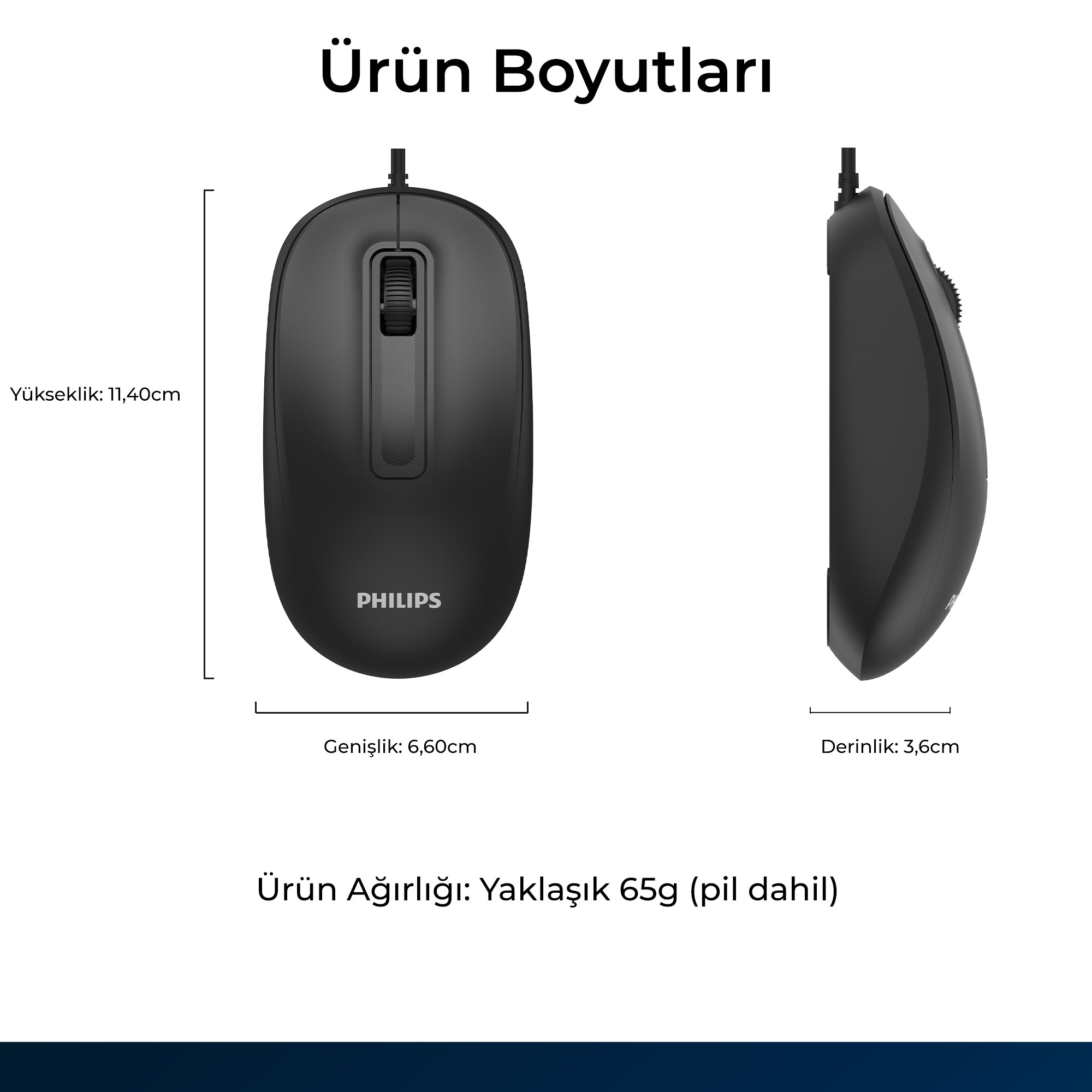 Siyah bir Philips mouse'un boyutlarını ve ağırlığını gösteren teknik çizim.