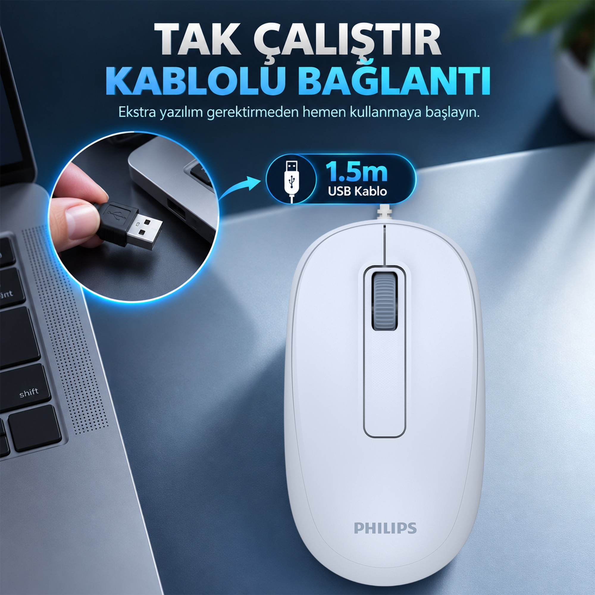 Dizüstü bilgisayarın yanında beyaz bir Philips fare ve 1.5m USB kablosunu gösteren bir iç içe görsel.