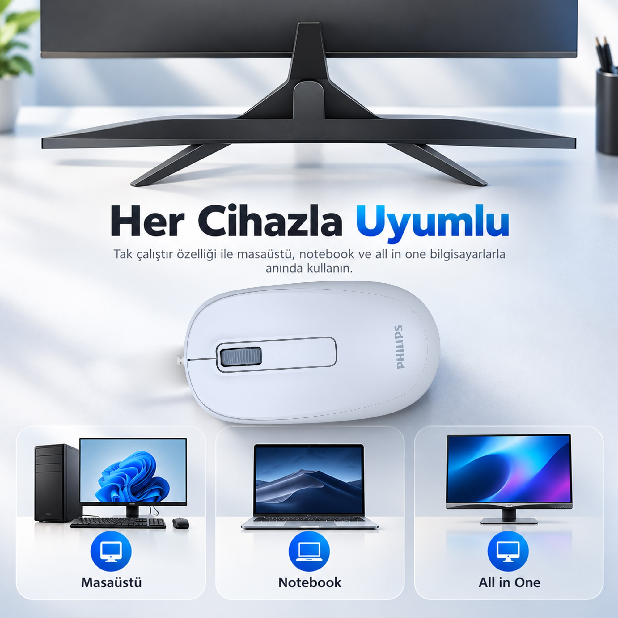 Monitör altında masada duran beyaz Philips fare, masaüstü, dizüstü ve hep bir arada bilgisayar simgeleriyle.