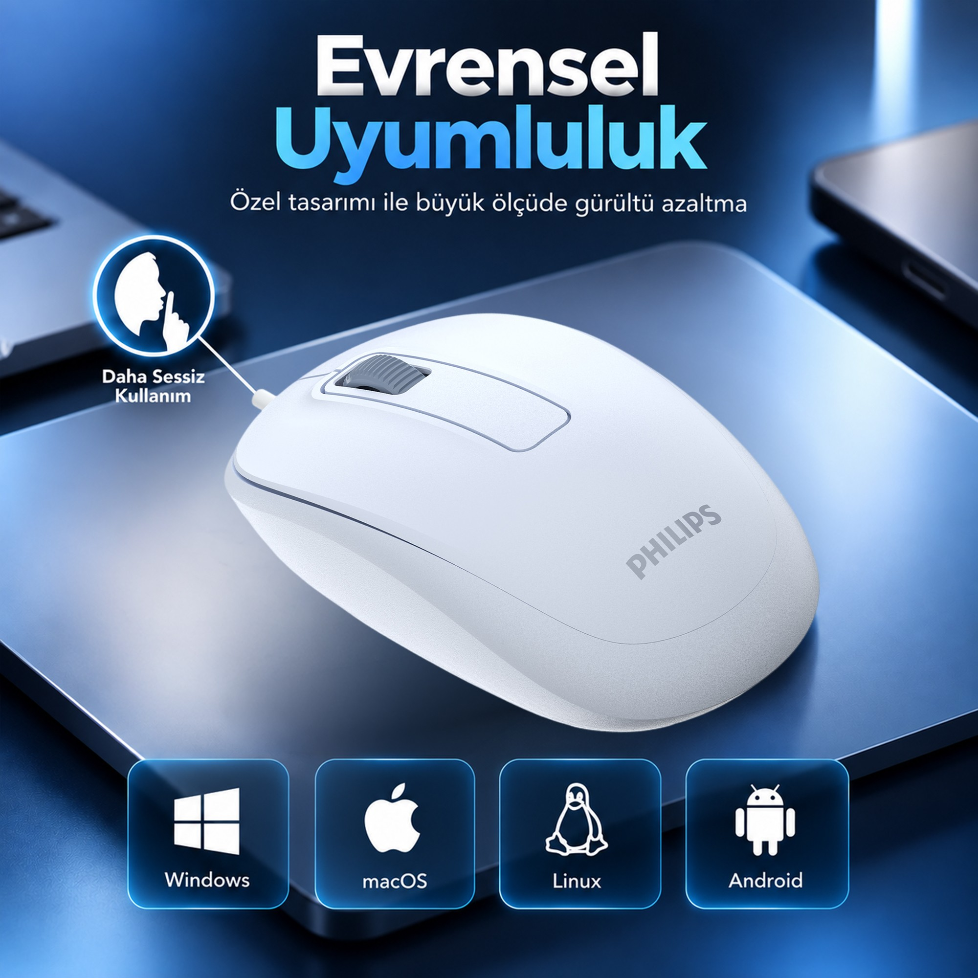 Metal yüzey üzerinde Philips beyaz fare, Windows, macOS, Linux ve Android simgeleriyle.