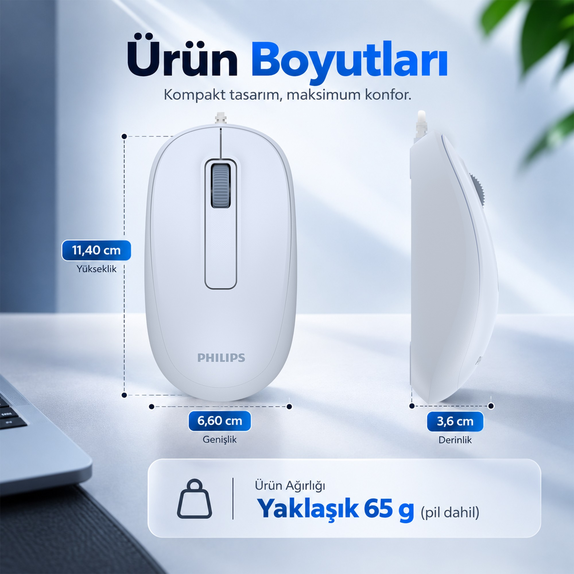 Yükseklik, genişlik ve derinlik ölçüleri gösterilen beyaz renkli Philips bilgisayar faresinin boyutları.