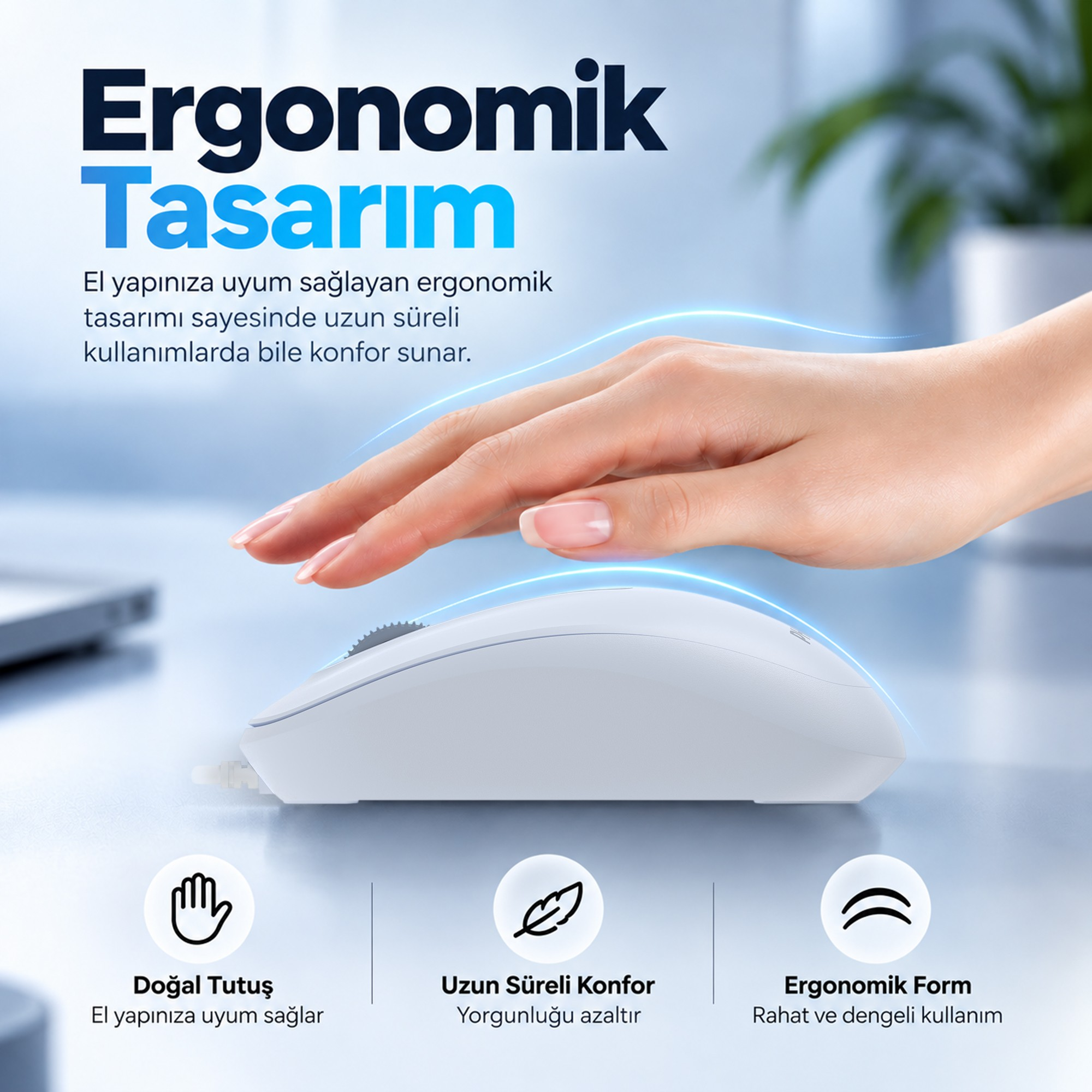 Arka planda mavi metinlerin yer aldığı beyaz renkli ergonomik bir bilgisayar faresinde duran bir el.