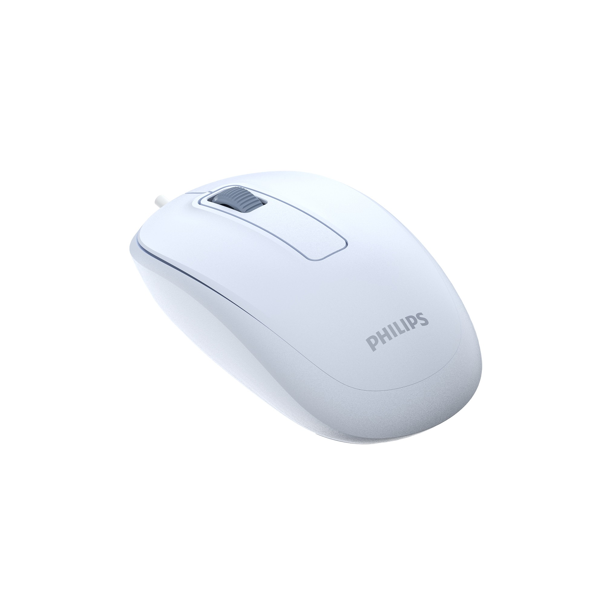 Beyaz arka planda gri kaydırma tekerlekli beyaz bir Philips bilgisayar faresi.