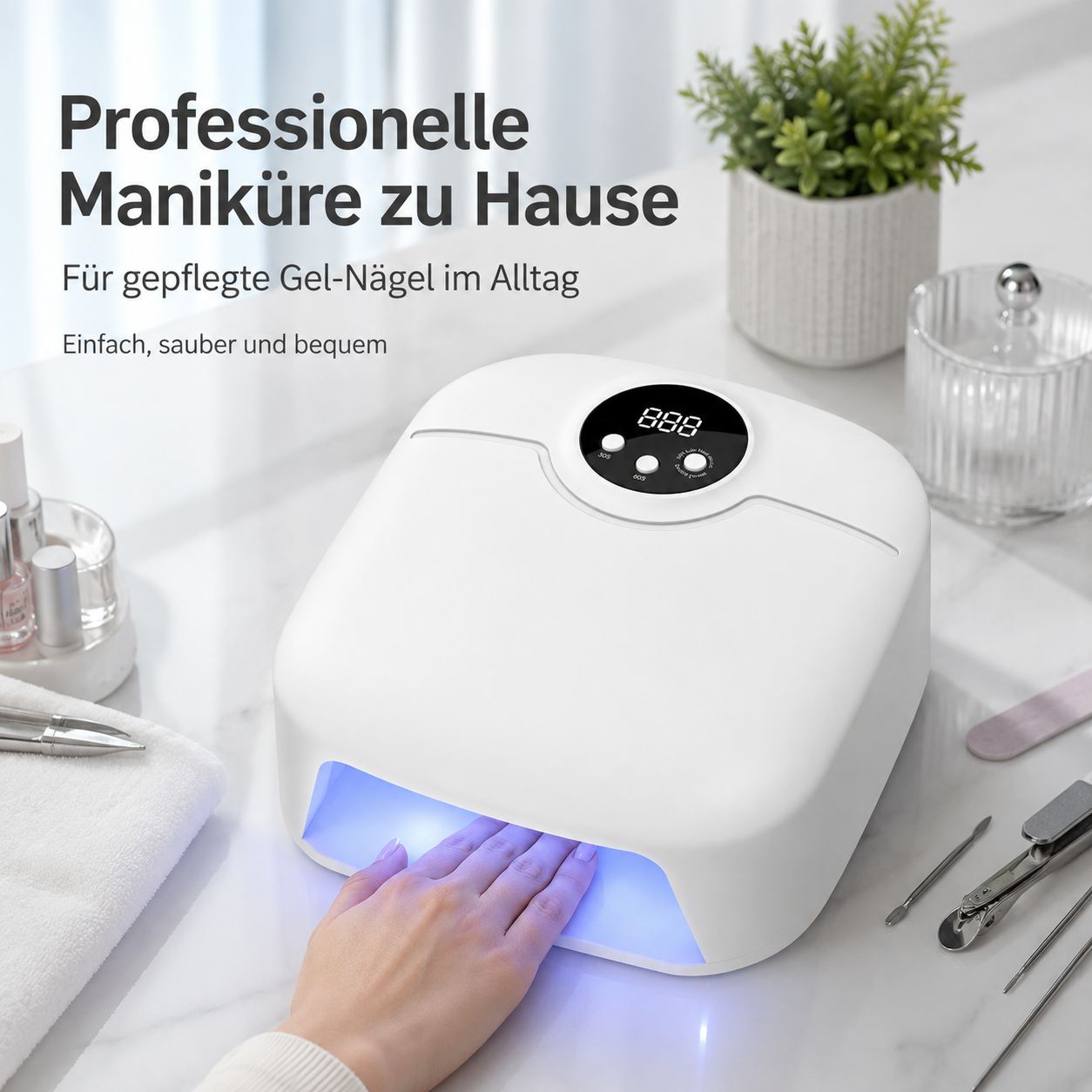 Eine Hand im weißen UV-Nageltrockner auf einem Tisch, umgeben von Manikürewerkzeugen und Text.