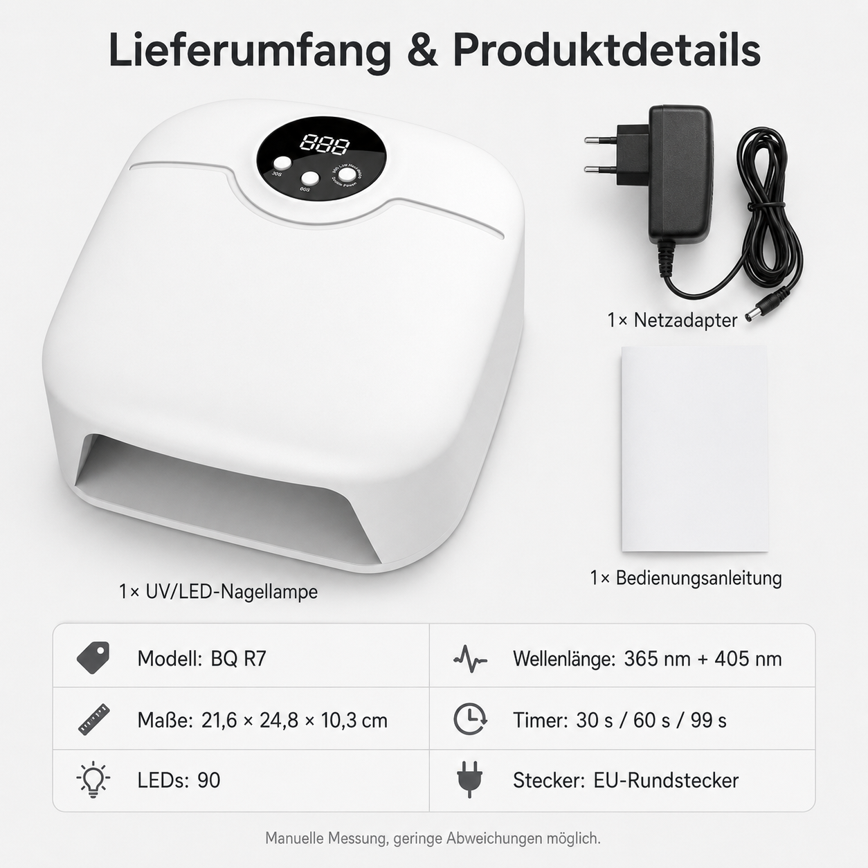 Weiße UV/LED-Nagellampe mit Netzadapter und Anleitung sowie Produktdetails unten.