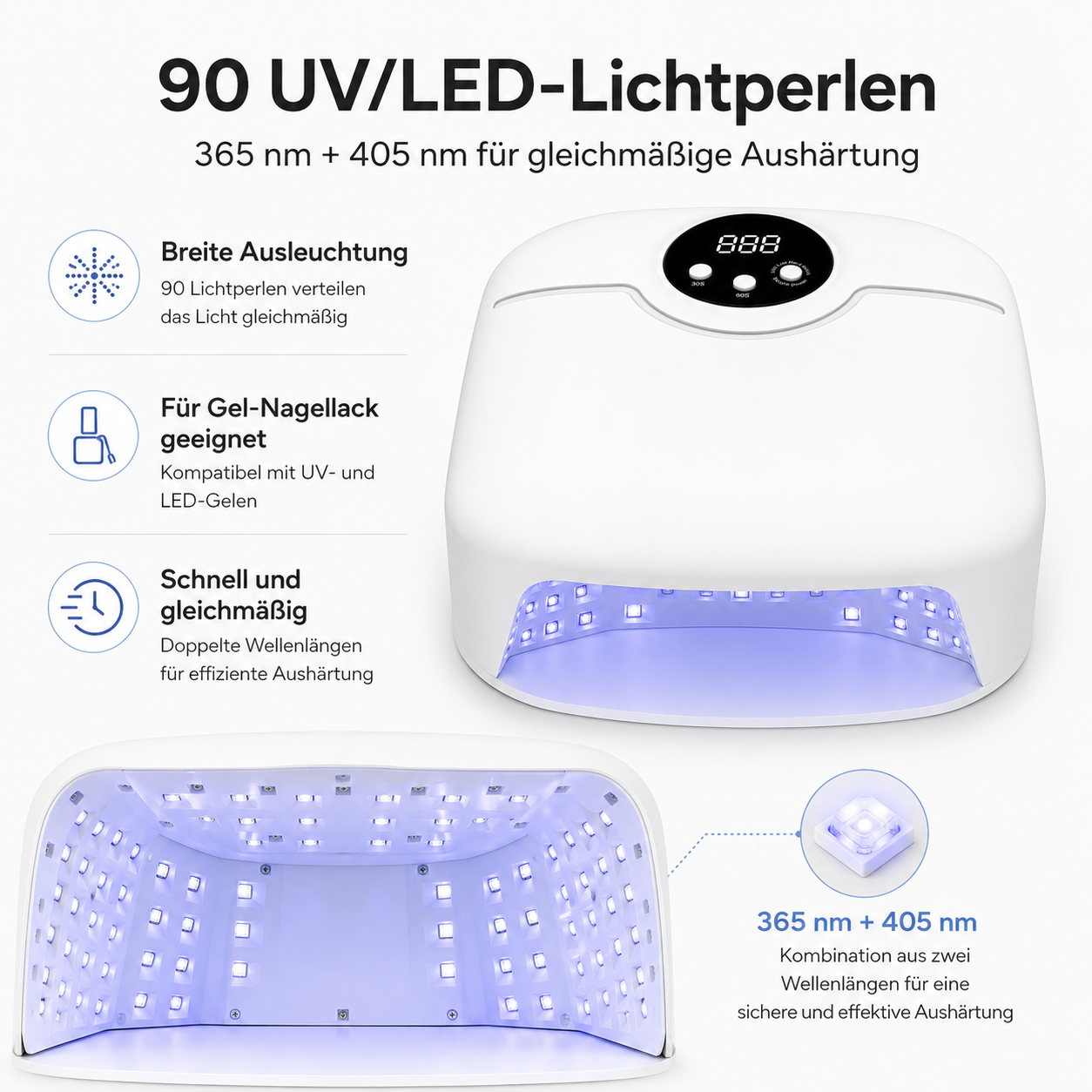 Weißes UV-LED-Nagellichtgerät mit Digitalanzeige und zahlreichen blauen LED-Perlen im Inneren.