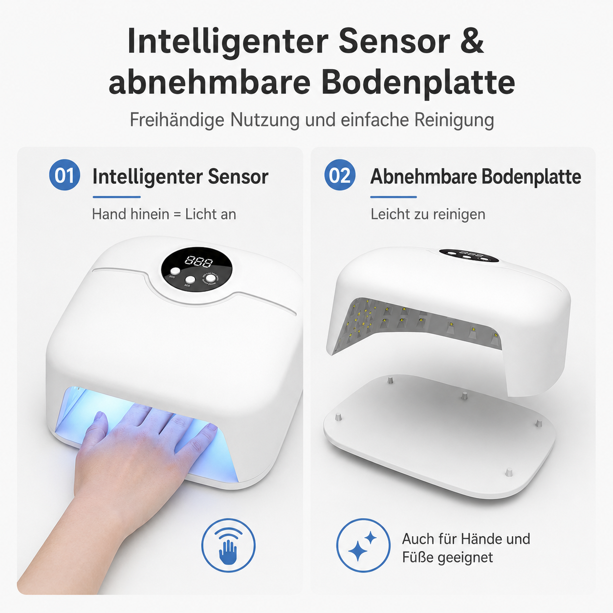 Grafik zeigt UV-Nail-Lampe mit Sensor und abnehmbarem Boden.